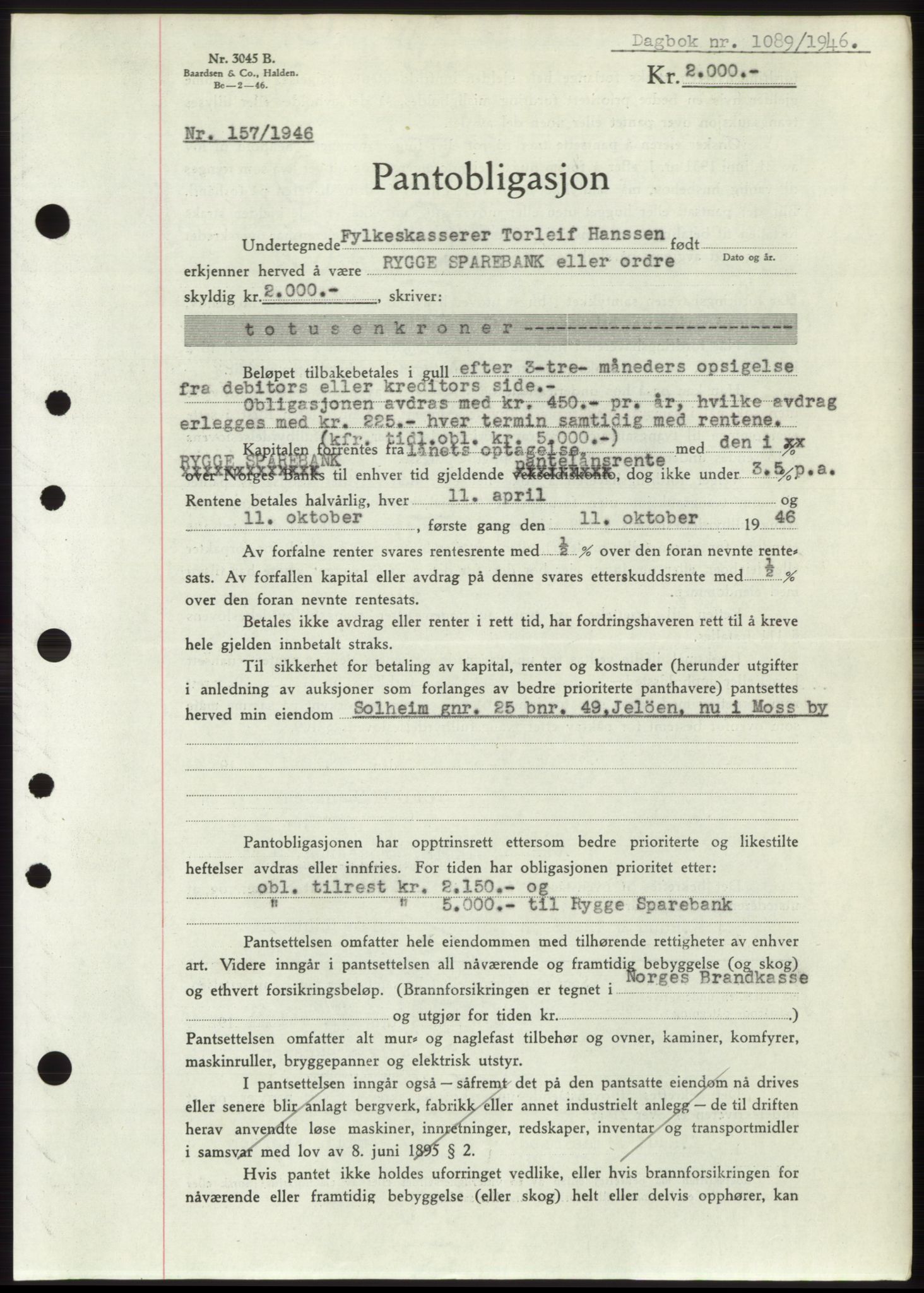 Moss sorenskriveri, SAO/A-10168: Pantebok nr. B15, 1946-1946, Dagboknr: 1089/1946