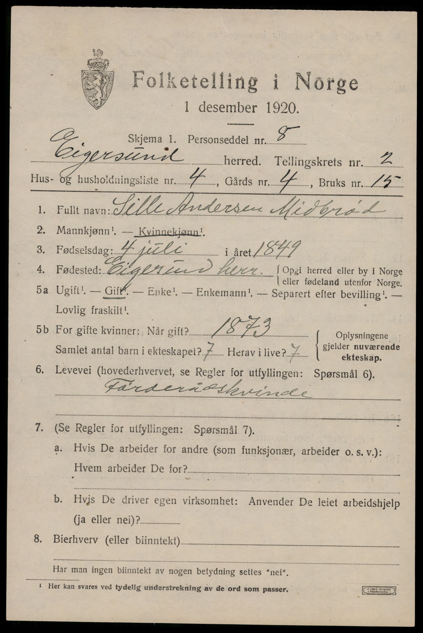 SAST, Folketelling 1920 for 1116 Eigersund herred, 1920, s. 1657