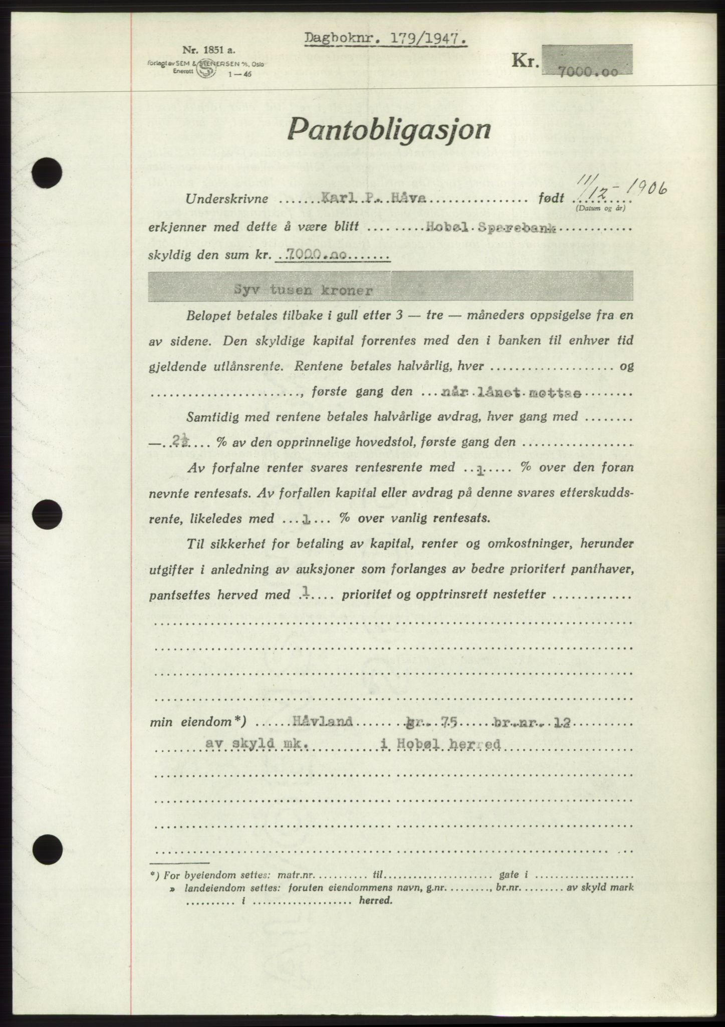 Moss sorenskriveri, SAO/A-10168: Pantebok nr. B16, 1946-1947, Dagboknr: 179/1947