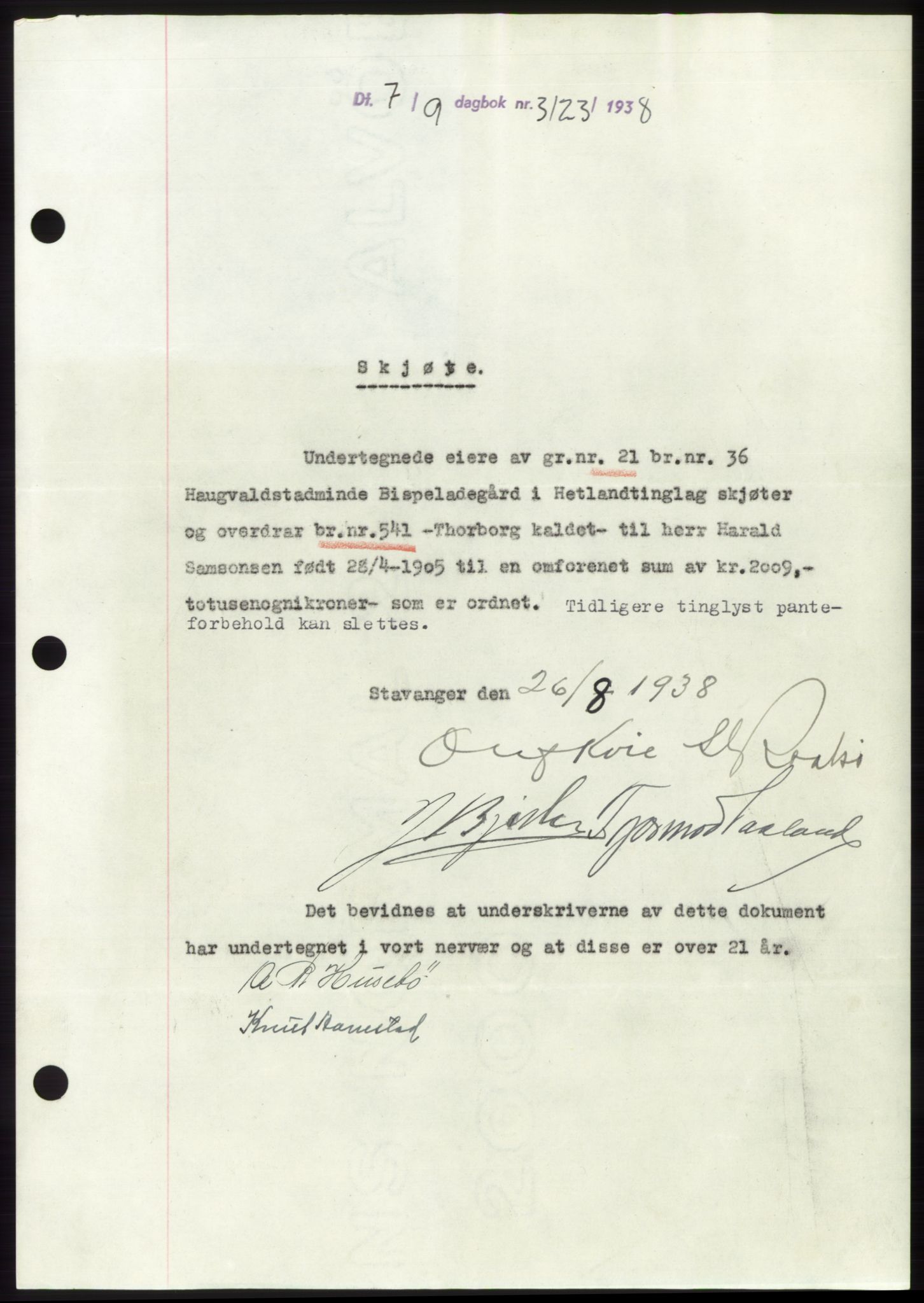 Jæren sorenskriveri, SAST/A-100310/03/G/Gba/L0072: Pantebok, 1938-1938, Dagboknr: 3123/1938