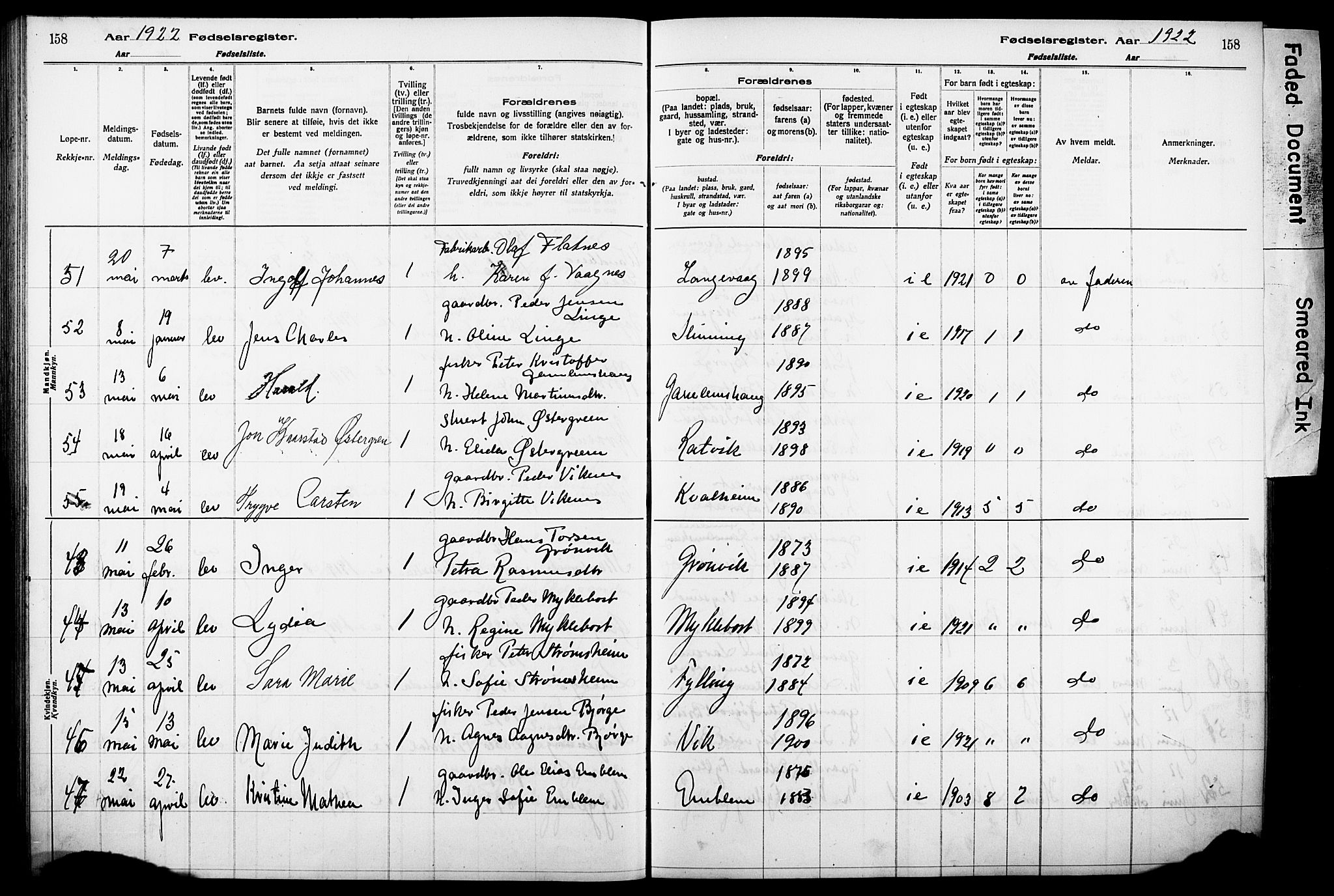 Ministerialprotokoller, klokkerbøker og fødselsregistre - Møre og Romsdal, SAT/A-1454/528/L0442: Fødselsregister nr. 528.II.4.1, 1916-1924, s. 158