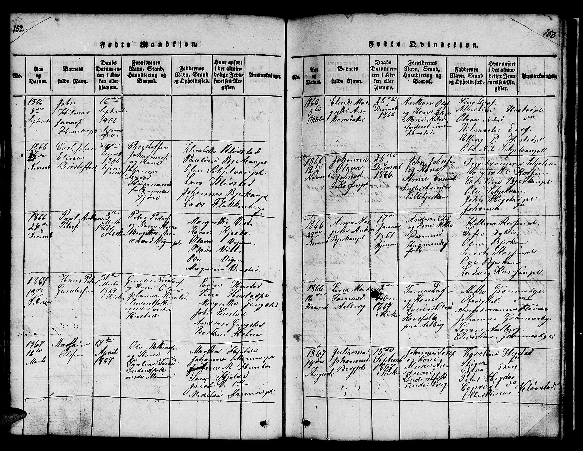Ministerialprotokoller, klokkerbøker og fødselsregistre - Nord-Trøndelag, SAT/A-1458/732/L0317: Klokkerbok nr. 732C01, 1816-1881, s. 152-153