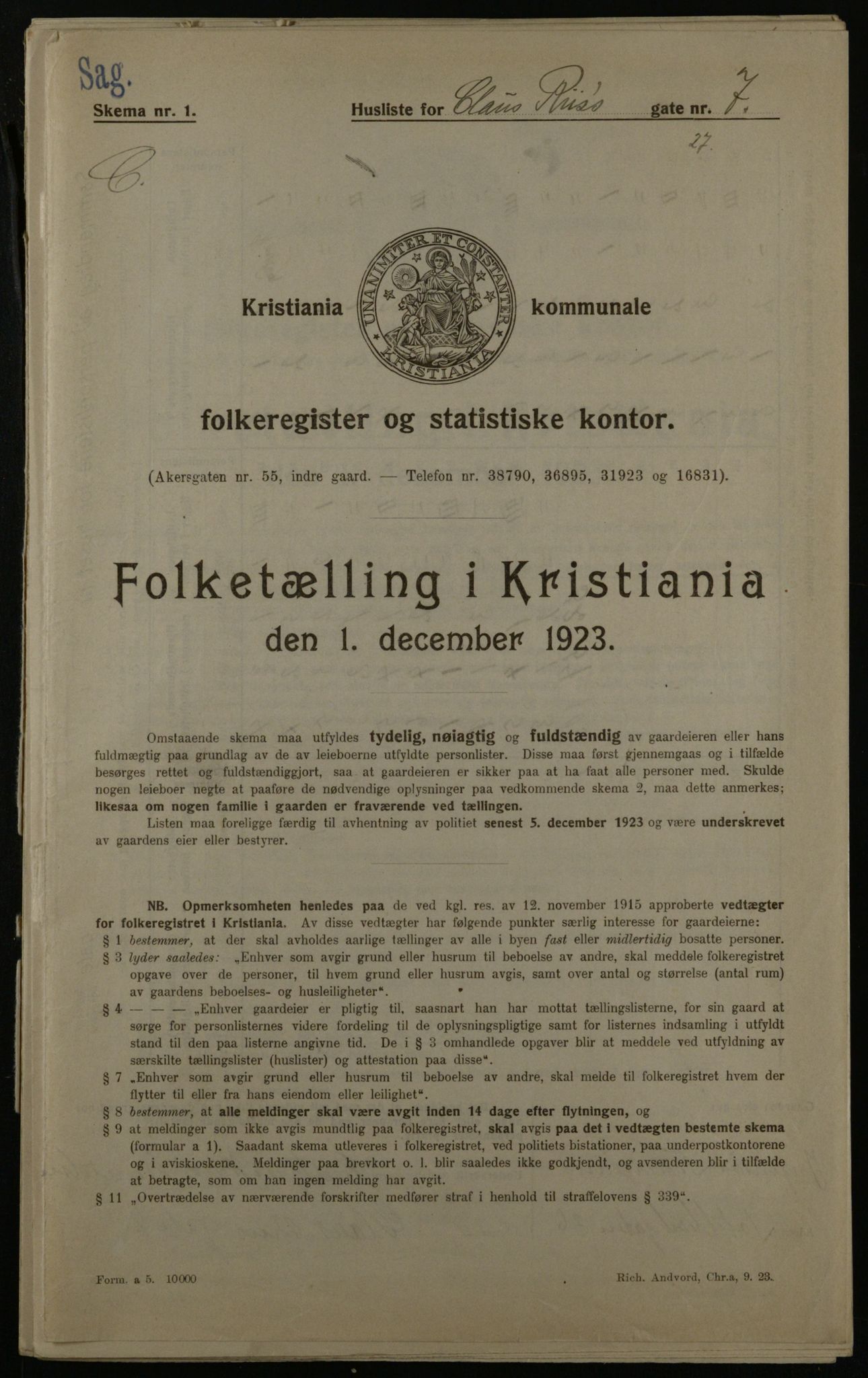 OBA, Kommunal folketelling 1.12.1923 for Kristiania, 1923, s. 14409