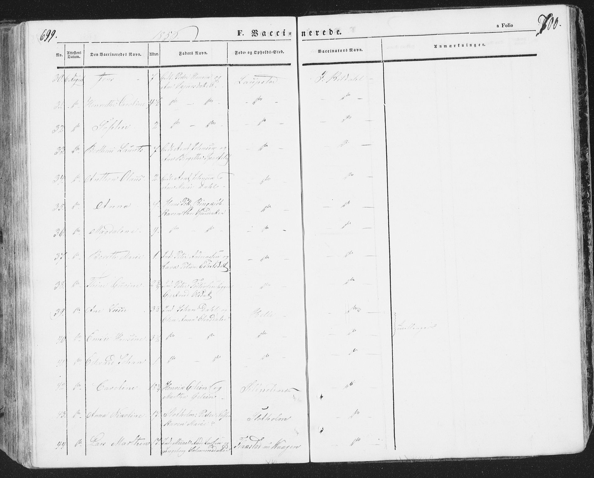 Ministerialprotokoller, klokkerbøker og fødselsregistre - Nordland, SAT/A-1459/874/L1072: Klokkerbok nr. 874C01, 1843-1859, s. 699-700