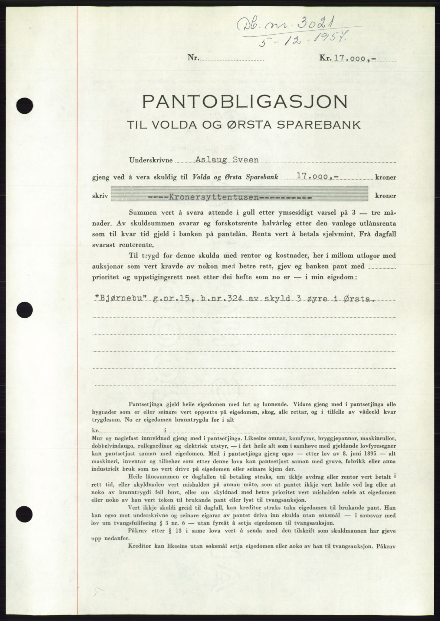 Søre Sunnmøre sorenskriveri, AV/SAT-A-4122/1/2/2C/L0130: Pantebok nr. 18B, 1957-1958, Dagboknr: 3021/1957