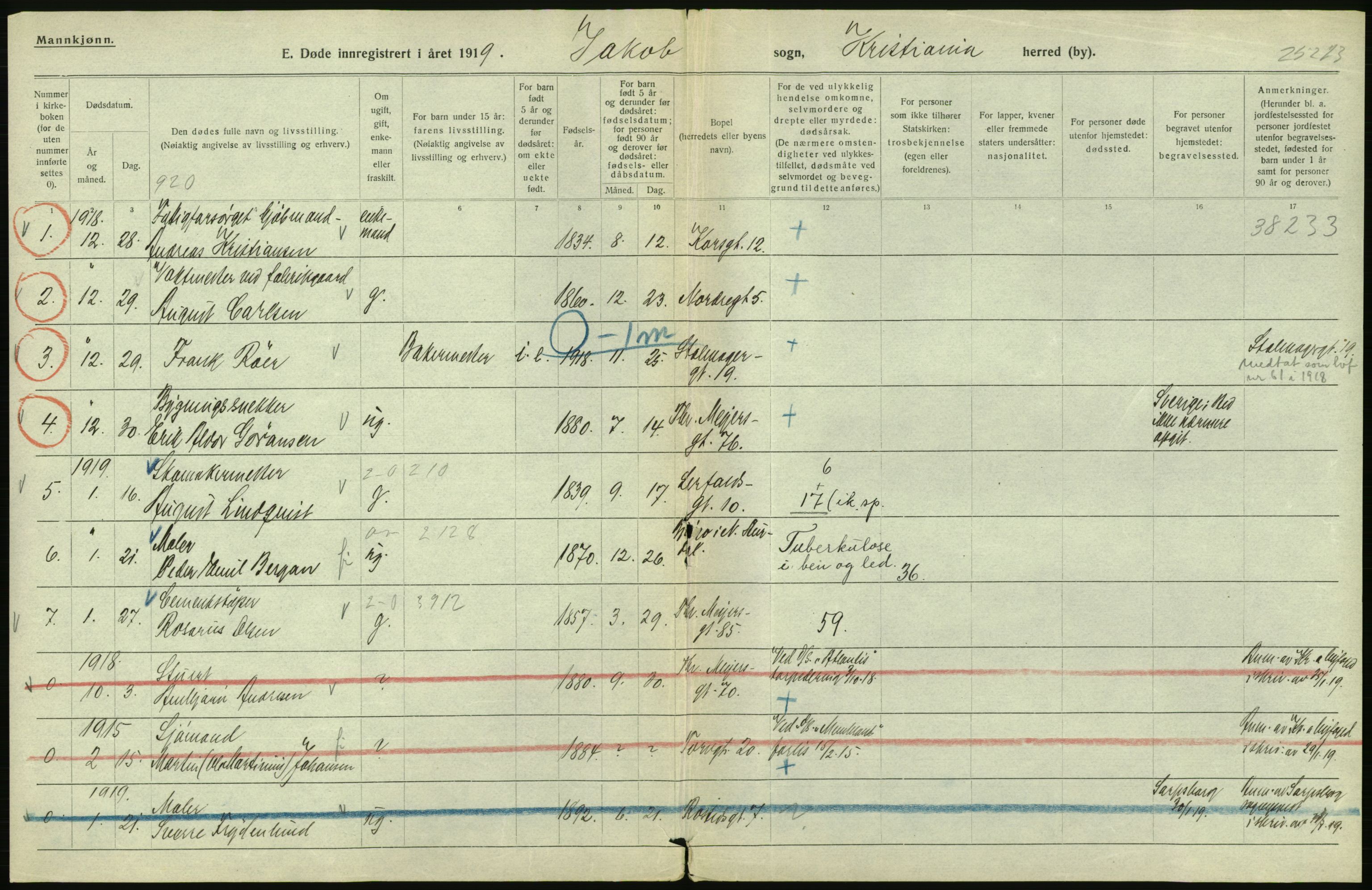 Statistisk sentralbyrå, Sosiodemografiske emner, Befolkning, AV/RA-S-2228/D/Df/Dfb/Dfbi/L0011: Kristiania: Døde, dødfødte, 1919