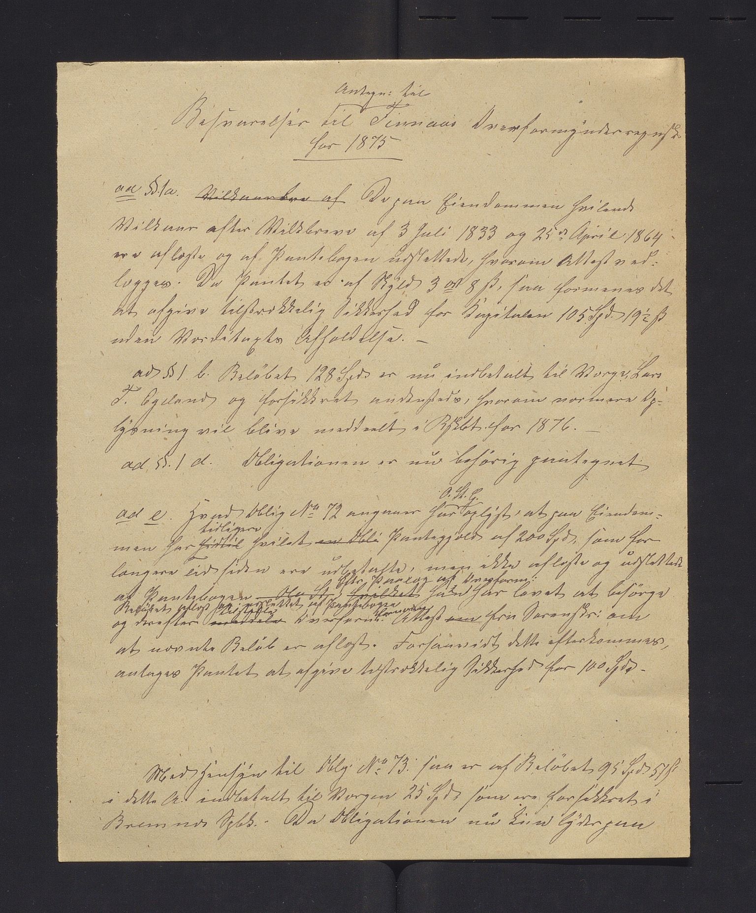 Finnaas kommune. Overformynderiet, IKAH/1218a-812/R/Ra/Raa/L0003/0003: Årlege rekneskap m/vedlegg / Årlege rekneskap m/vedlegg, 1875