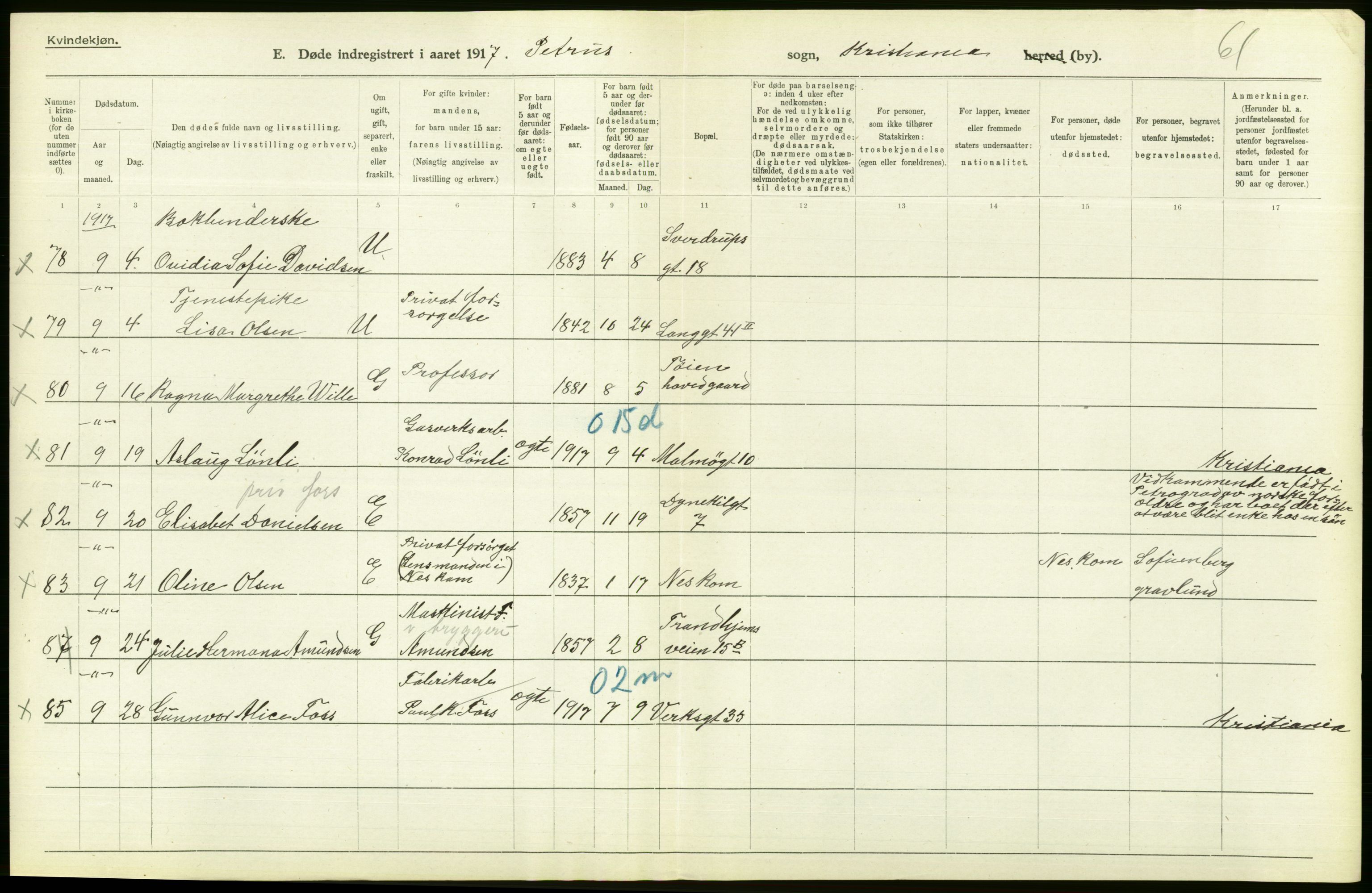 Statistisk sentralbyrå, Sosiodemografiske emner, Befolkning, AV/RA-S-2228/D/Df/Dfb/Dfbg/L0010: Kristiania: Døde, 1917, s. 230