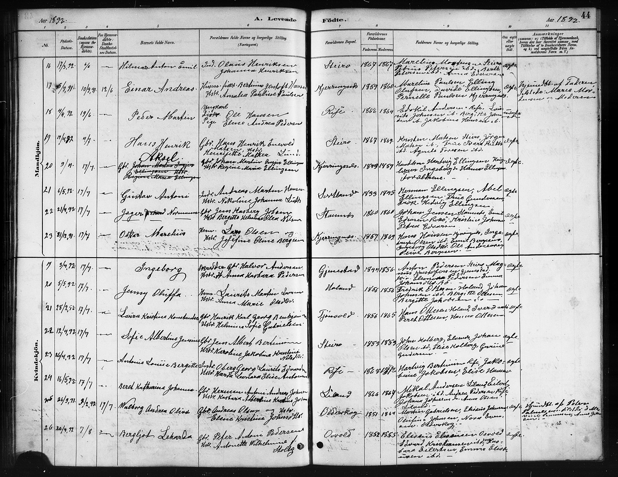 Ministerialprotokoller, klokkerbøker og fødselsregistre - Nordland, AV/SAT-A-1459/895/L1382: Klokkerbok nr. 895C04, 1885-1896, s. 44