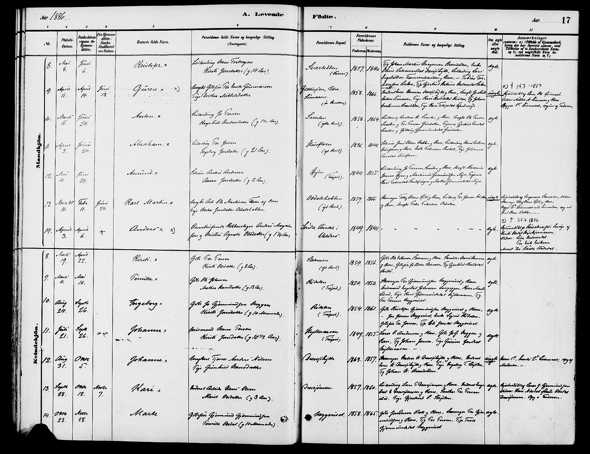 Engerdal prestekontor, AV/SAH-PREST-048/H/Ha/Haa/L0001: Ministerialbok nr. 1, 1881-1898, s. 17