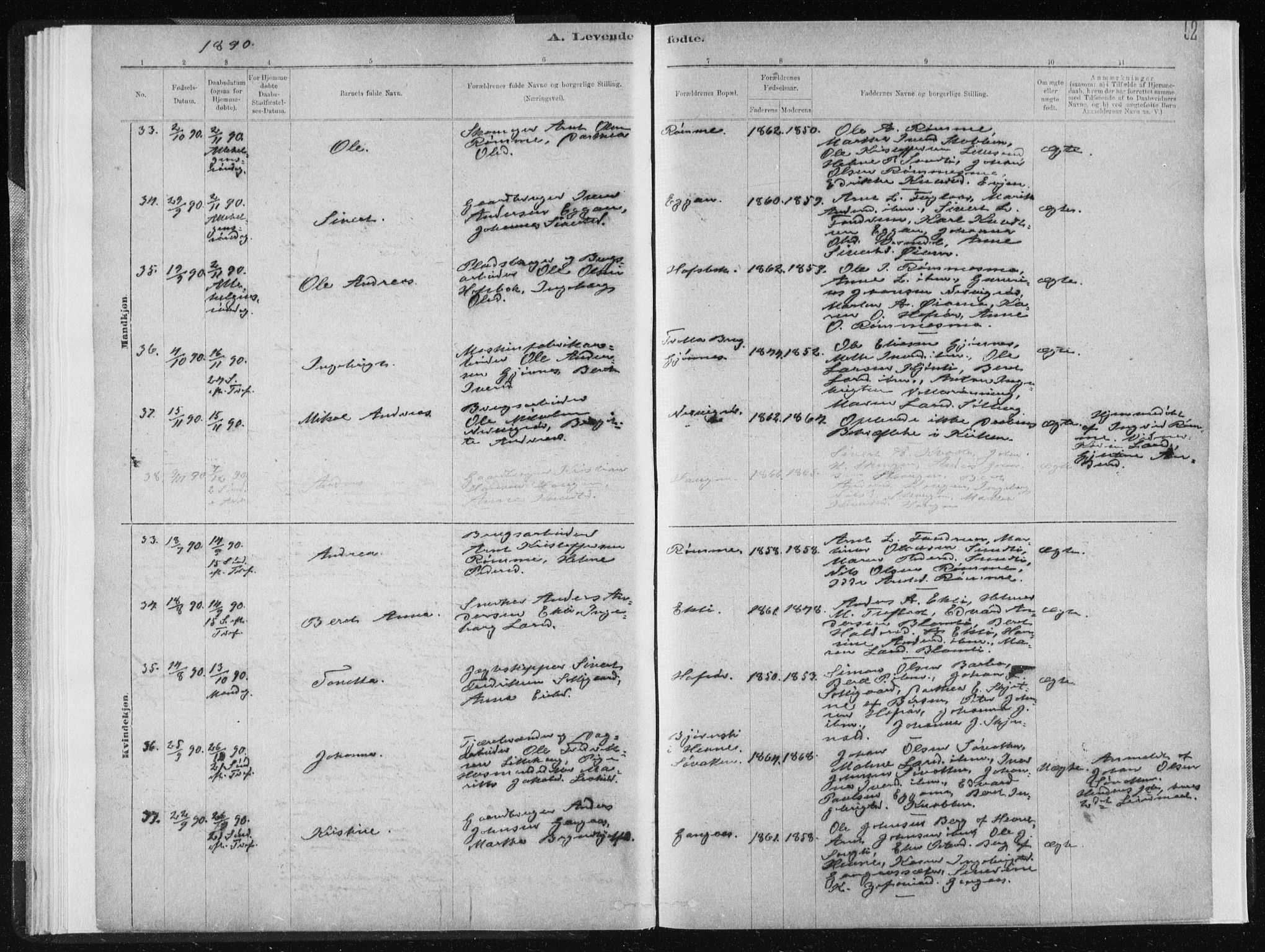 Ministerialprotokoller, klokkerbøker og fødselsregistre - Sør-Trøndelag, AV/SAT-A-1456/668/L0818: Klokkerbok nr. 668C07, 1885-1898, s. 52