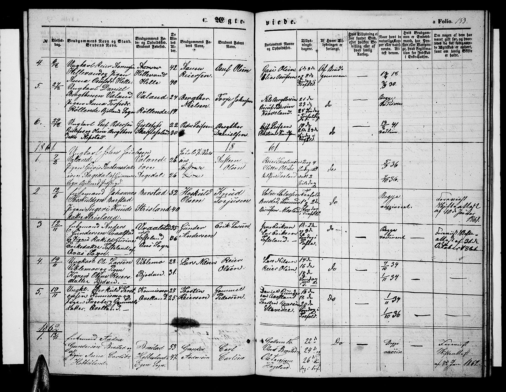 Nord-Audnedal sokneprestkontor, SAK/1111-0032/F/Fb/Fba/L0002: Klokkerbok nr. B 2, 1856-1882, s. 153