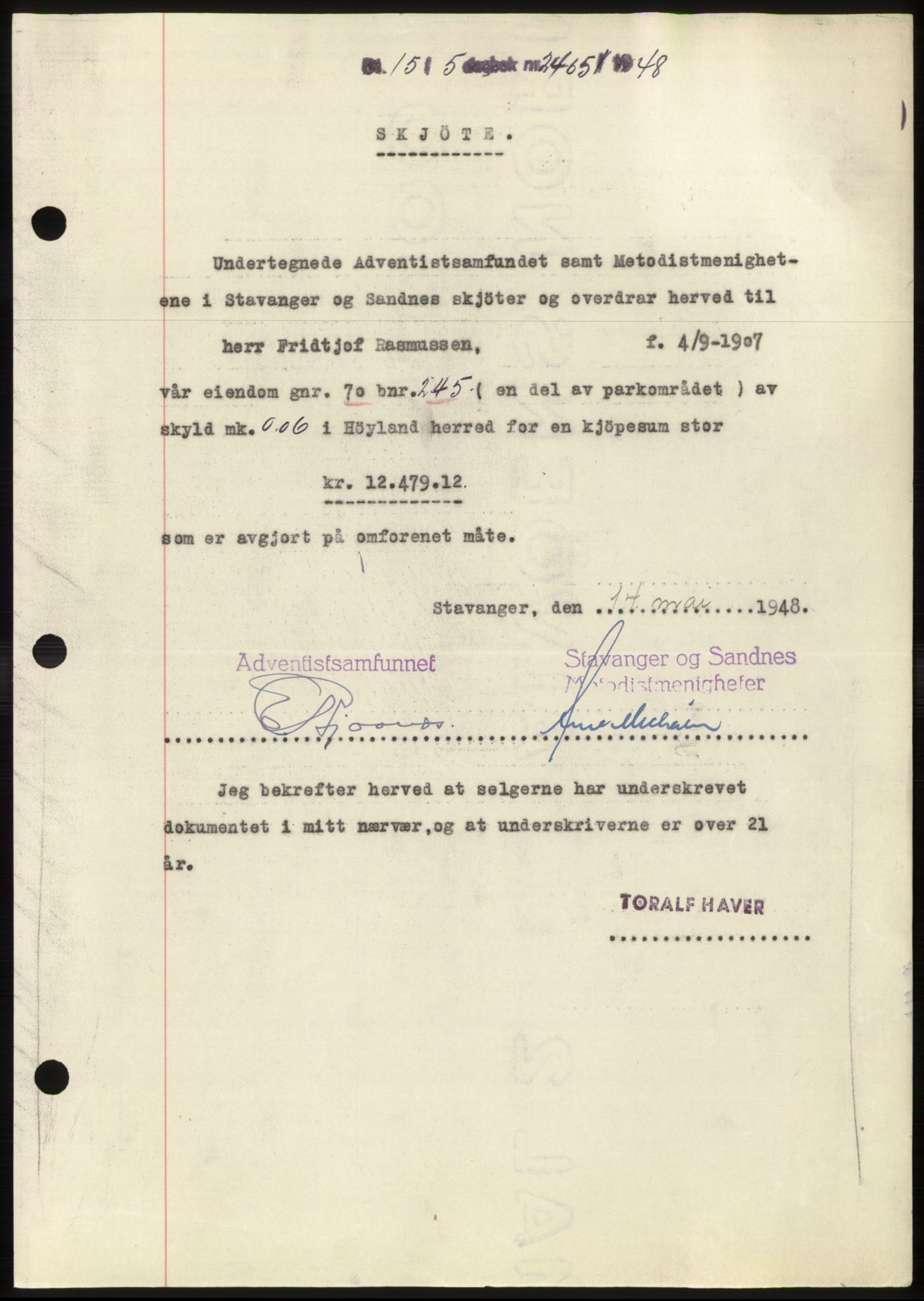 Jæren sorenskriveri, SAST/A-100310/03/G/Gba/L0099: Pantebok, 1948-1948, Dagboknr: 2465/1948