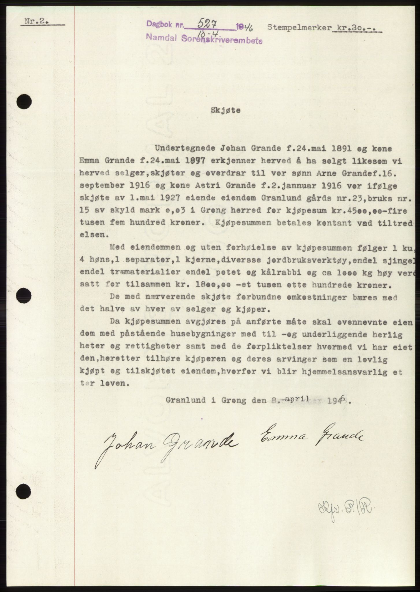 Namdal sorenskriveri, SAT/A-4133/1/2/2C: Pantebok nr. -, 1946-1946, Dagboknr: 527/1946