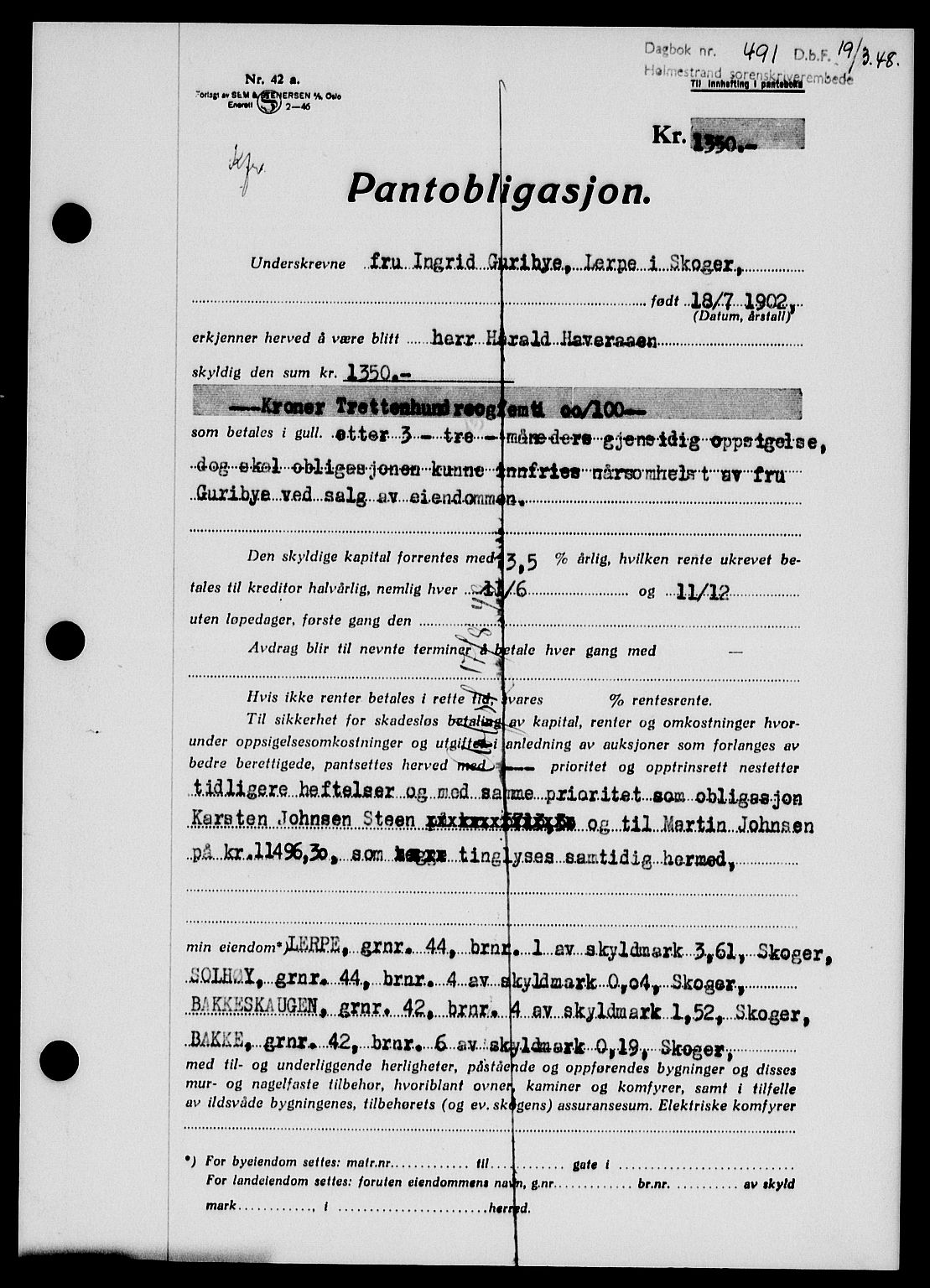 Holmestrand sorenskriveri, SAKO/A-67/G/Ga/Gab/L0058: Pantebok nr. B-58, 1947-1948, Dagboknr: 491/1948