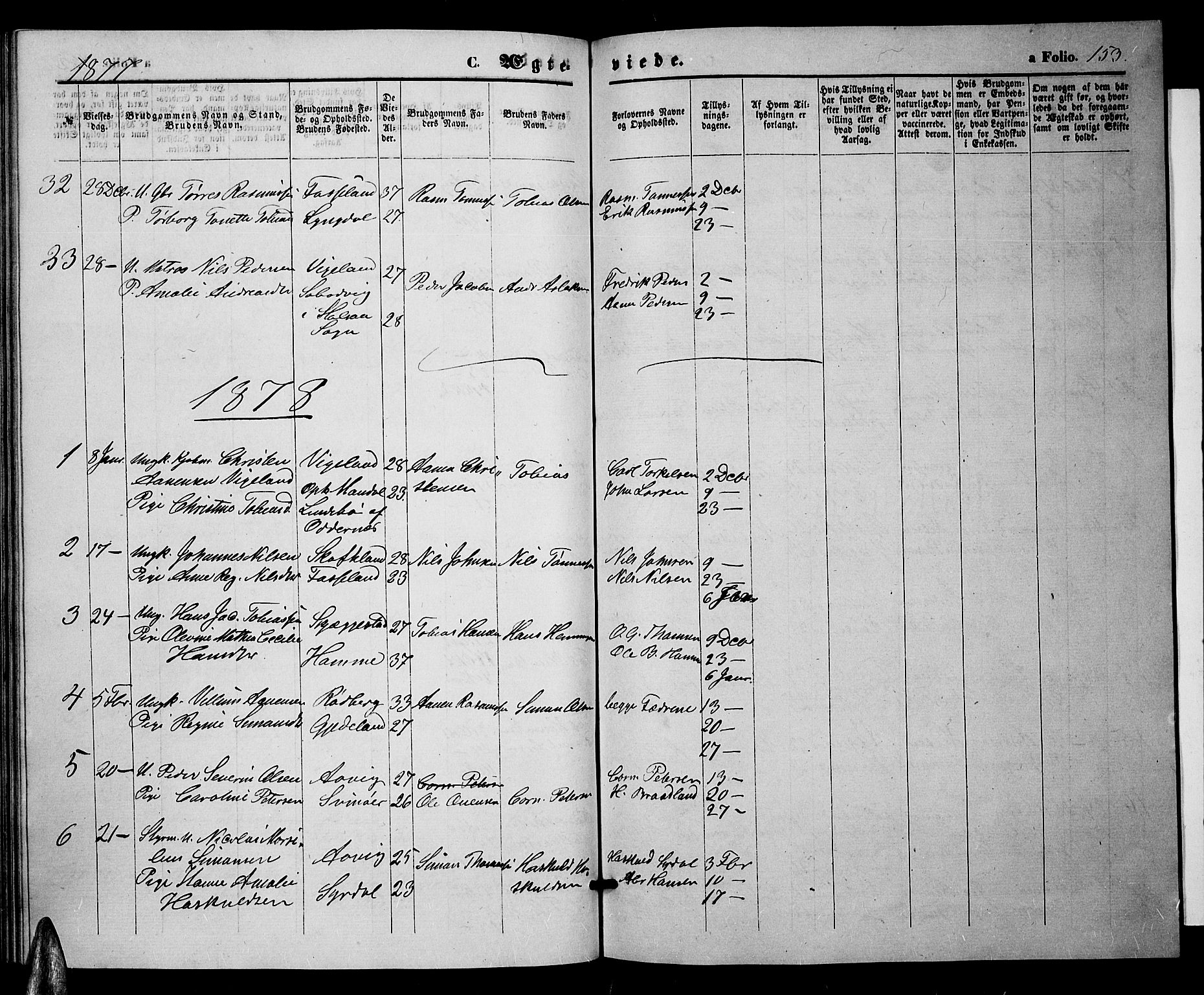 Sør-Audnedal sokneprestkontor, AV/SAK-1111-0039/F/Fb/Fbb/L0004: Klokkerbok nr. B 4, 1868-1879, s. 153
