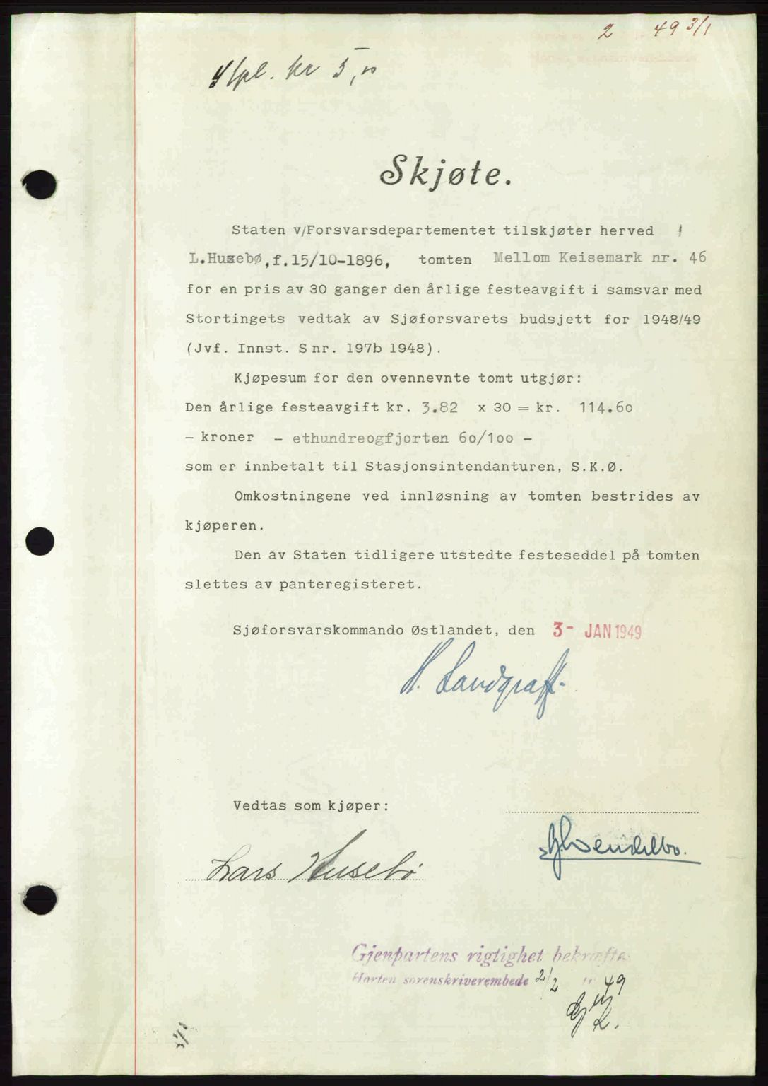 Horten sorenskriveri, SAKO/A-133/G/Ga/Gaa/L0012: Pantebok nr. A-12, 1949-1949, Dagboknr: 2/1949