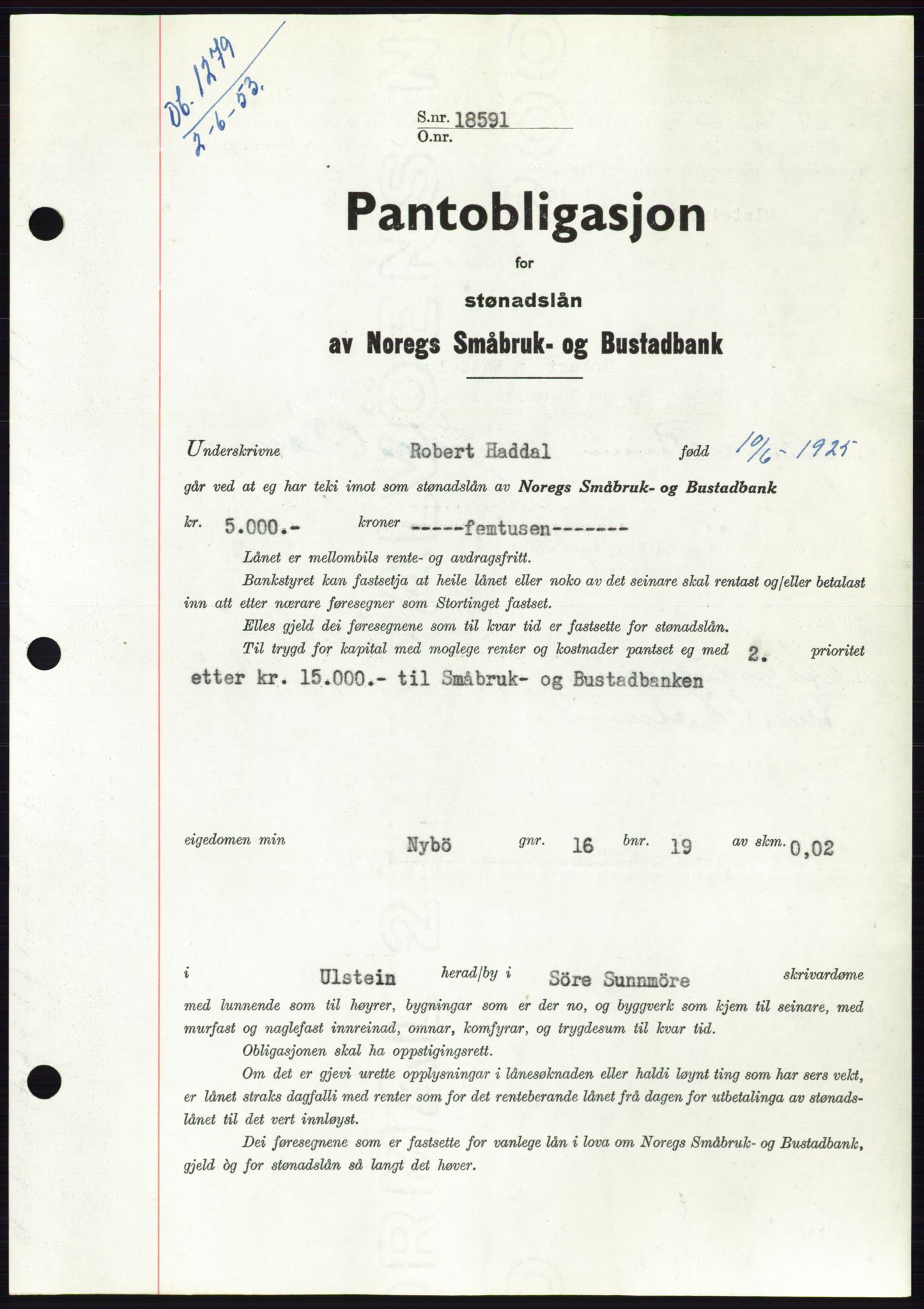 Søre Sunnmøre sorenskriveri, SAT/A-4122/1/2/2C/L0123: Pantebok nr. 11B, 1953-1953, Dagboknr: 1279/1953