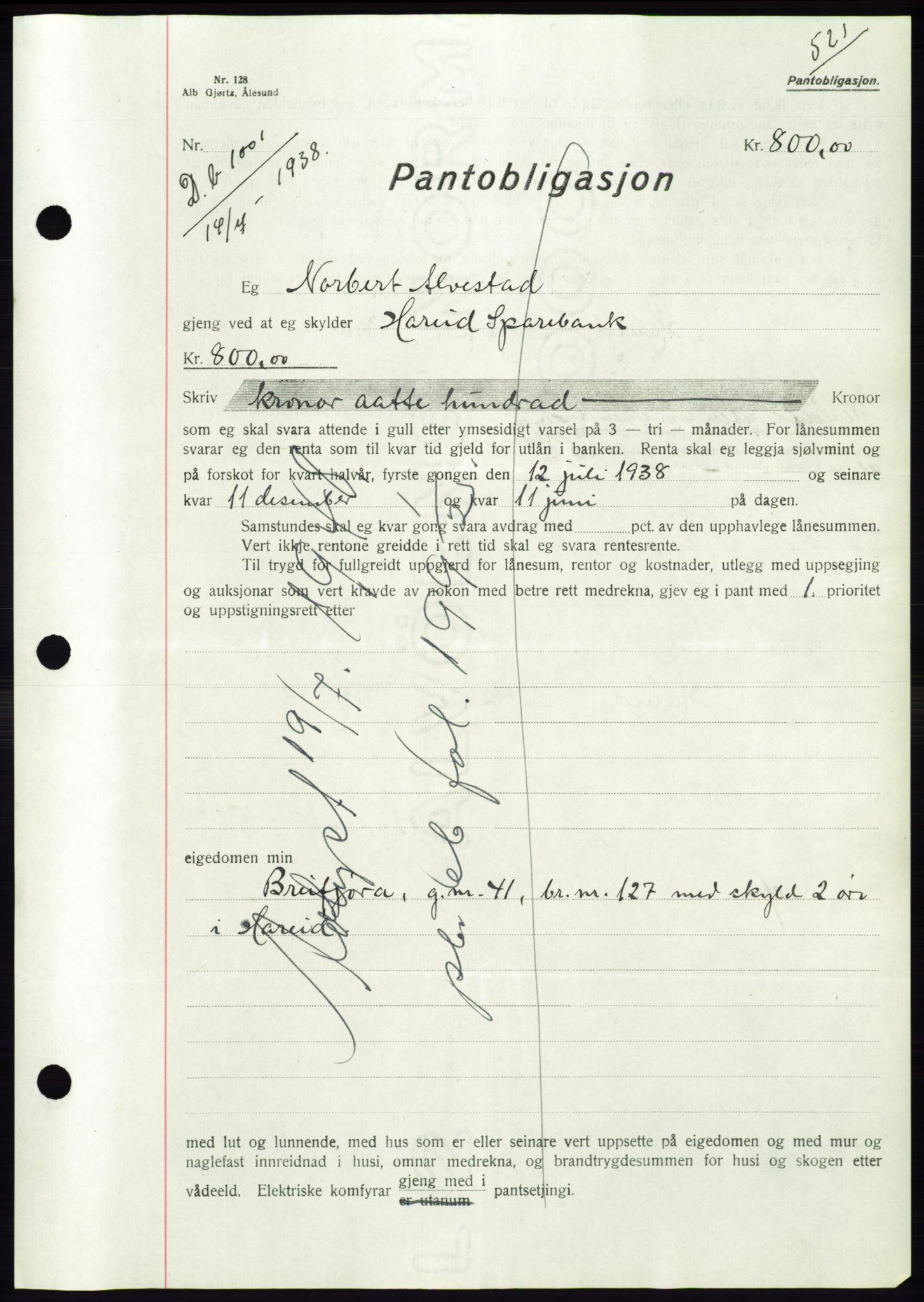 Søre Sunnmøre sorenskriveri, AV/SAT-A-4122/1/2/2C/L0065: Pantebok nr. 59, 1938-1938, Dagboknr: 1001/1938