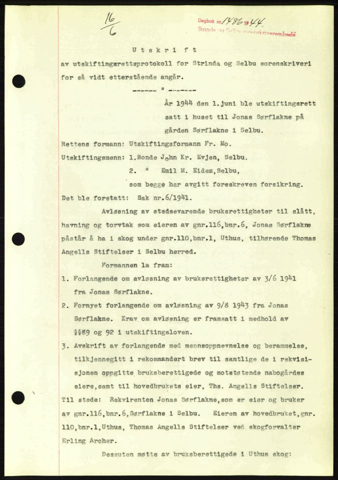 Strinda og Selbu sorenskriveri, SAT/A-0015/2/2C: Pantebok nr. A9, 1944-1945, Dagboknr: 1486/1944