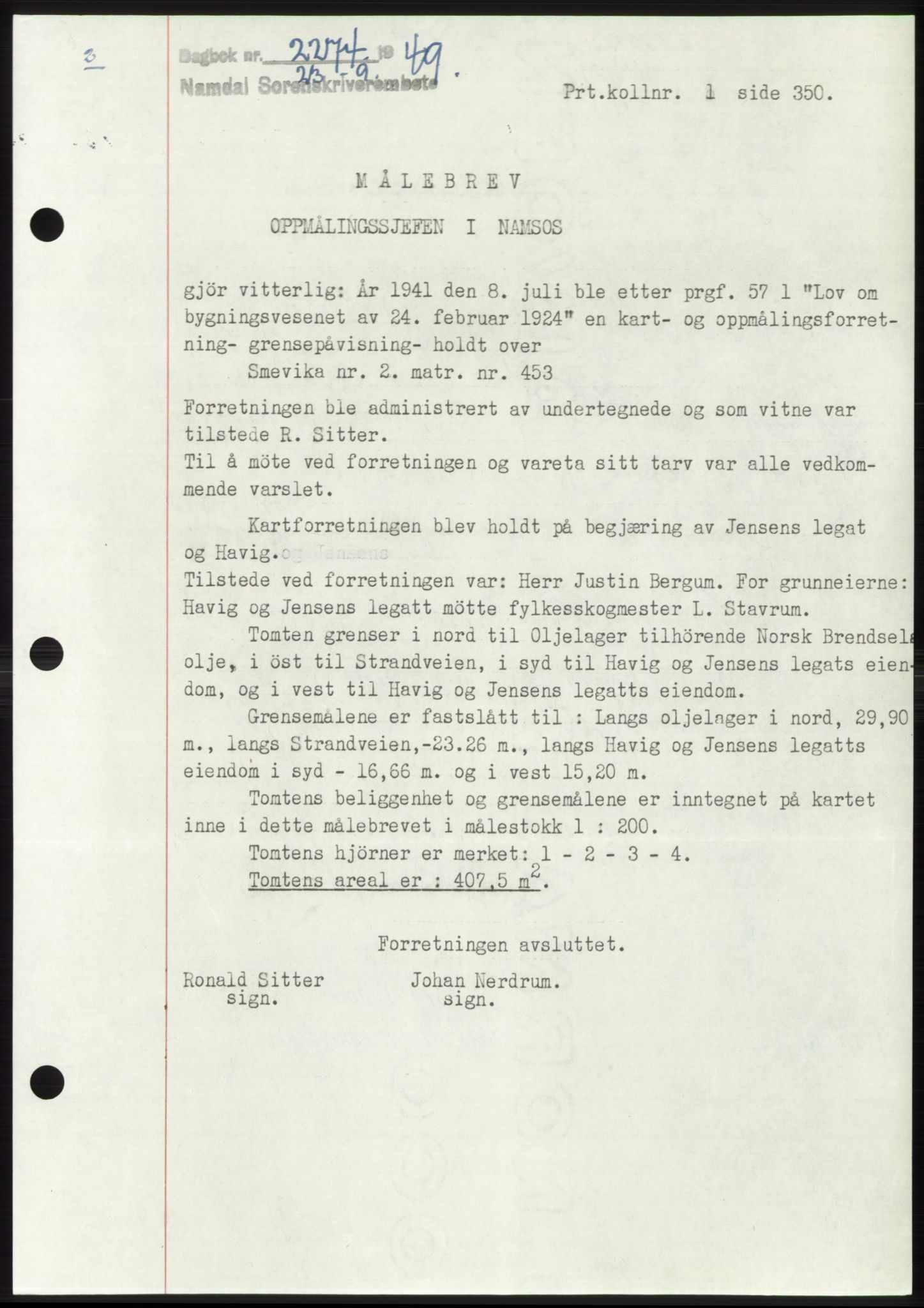 Namdal sorenskriveri, SAT/A-4133/1/2/2C: Pantebok nr. -, 1949-1949, Dagboknr: 2274/1949