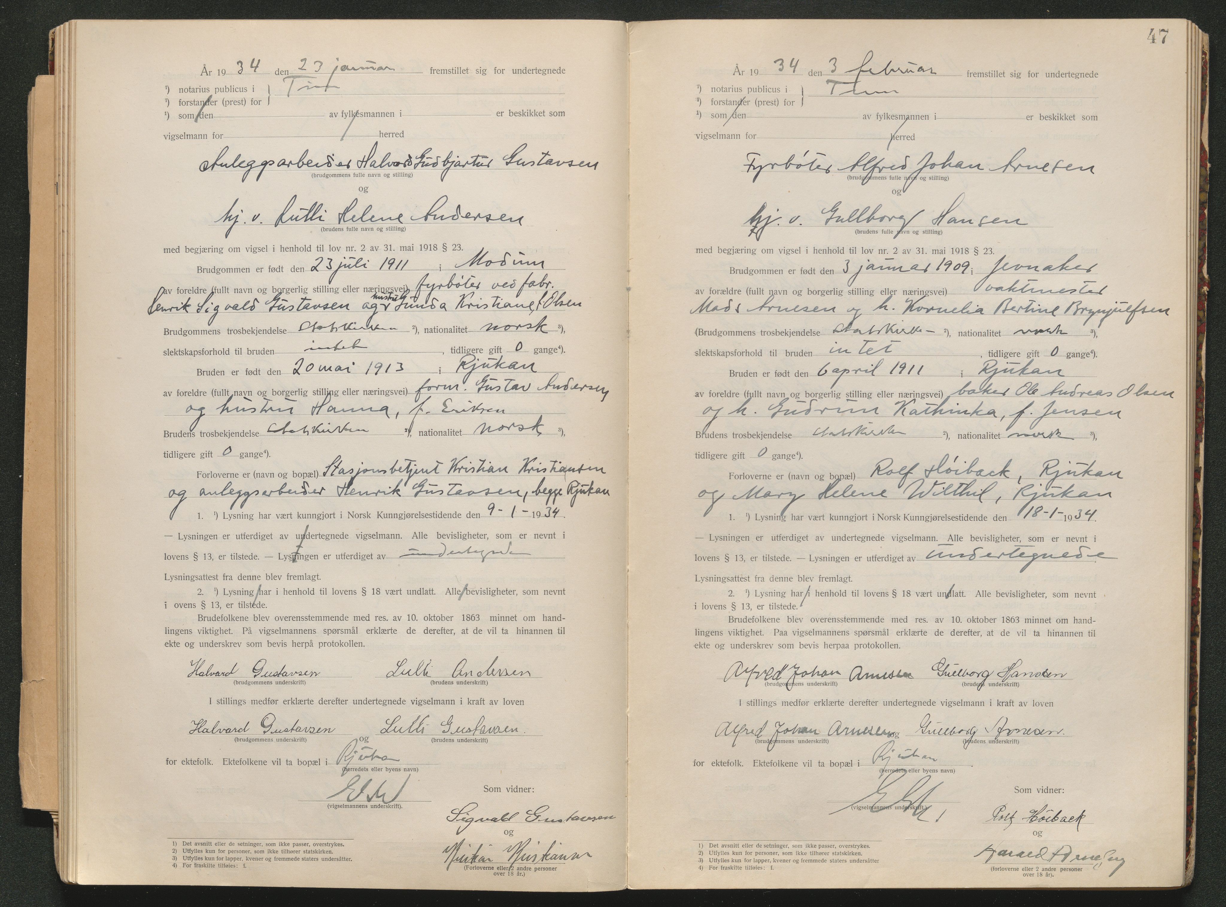 Tinn og Heddal sorenskriveri, SAKO/A-212/L/La/L0001: Vigselsbok - Tinn, 1919-1943, s. 47