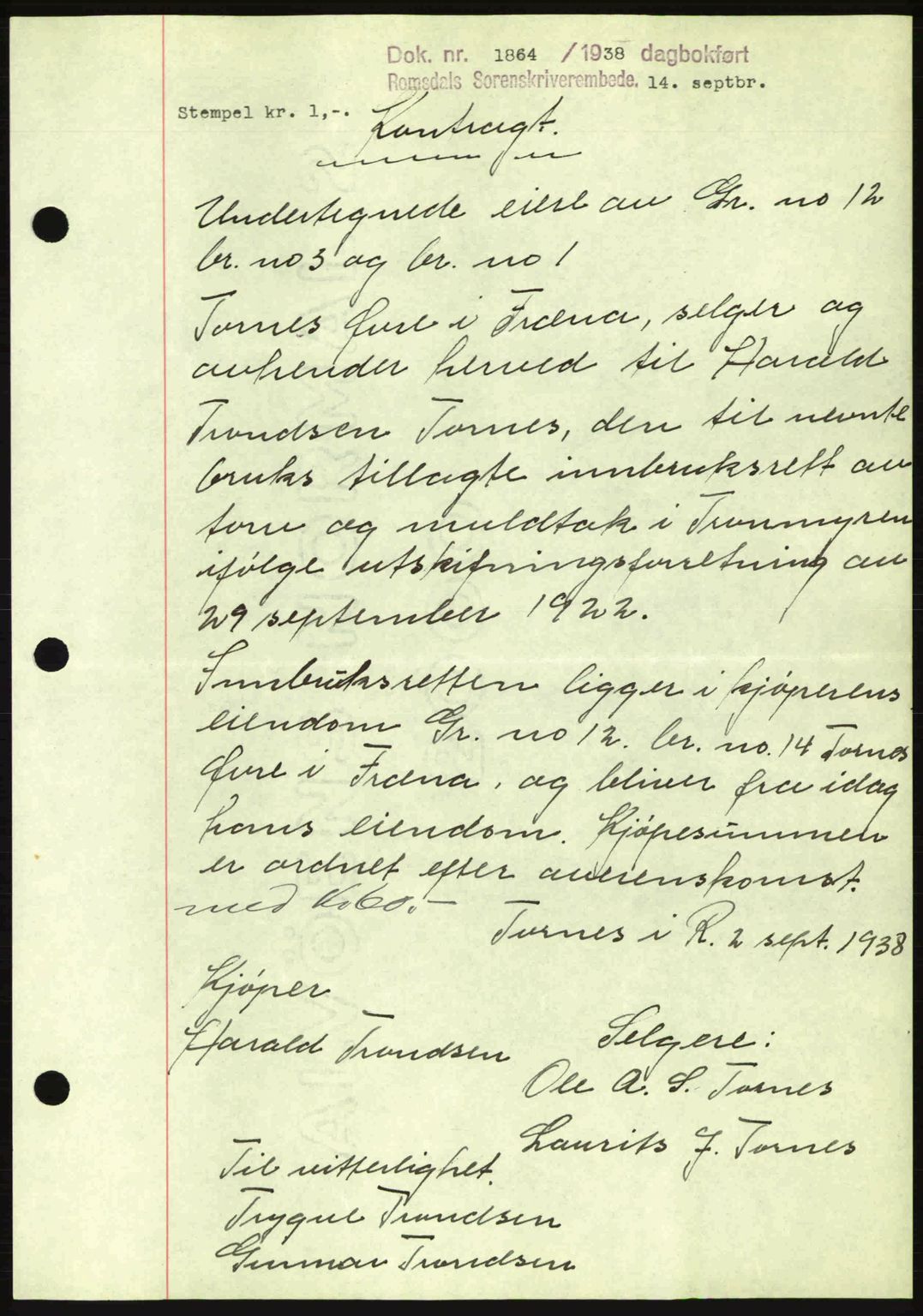 Romsdal sorenskriveri, SAT/A-4149/1/2/2C: Pantebok nr. A5, 1938-1938, Dagboknr: 1864/1938