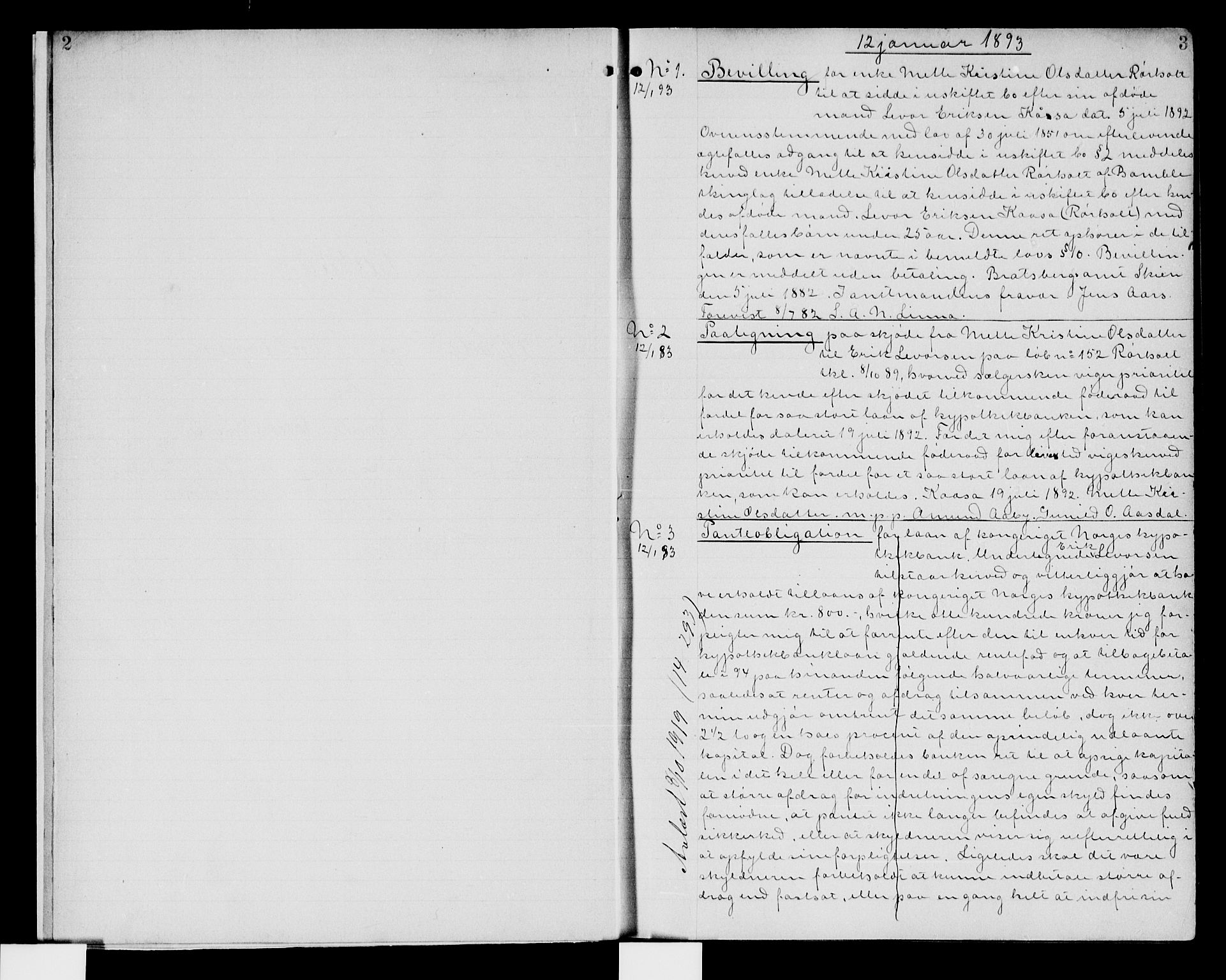 Bamble sorenskriveri, SAKO/A-214/G/Ga/Gab/L000C: Pantebok nr. II C, 1893-1898, s. 2-3
