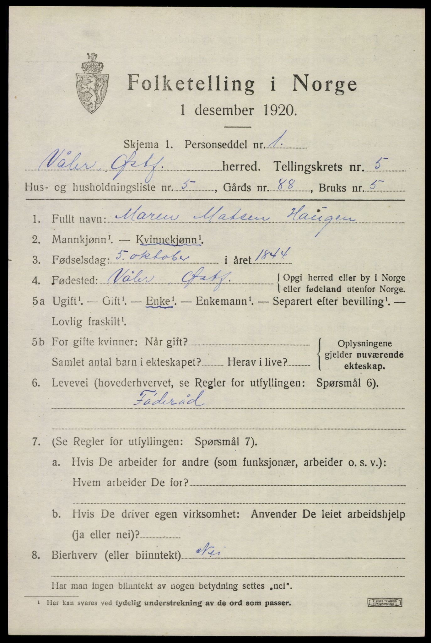 SAO, Folketelling 1920 for 0137 Våler herred, 1920, s. 2712
