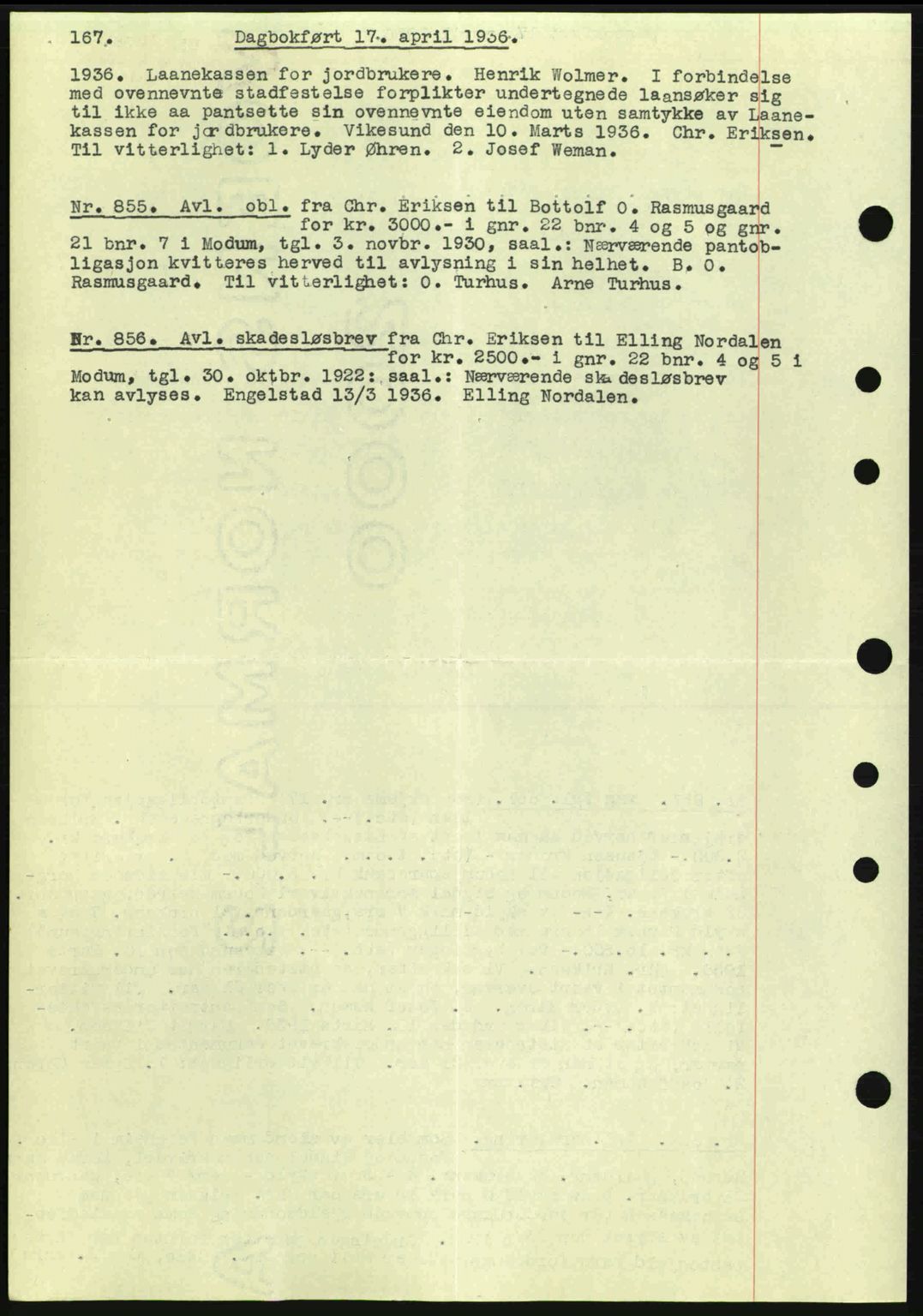 Eiker, Modum og Sigdal sorenskriveri, SAKO/A-123/G/Ga/Gab/L0032: Pantebok nr. A2, 1936-1936, Dagboknr: 855/1936