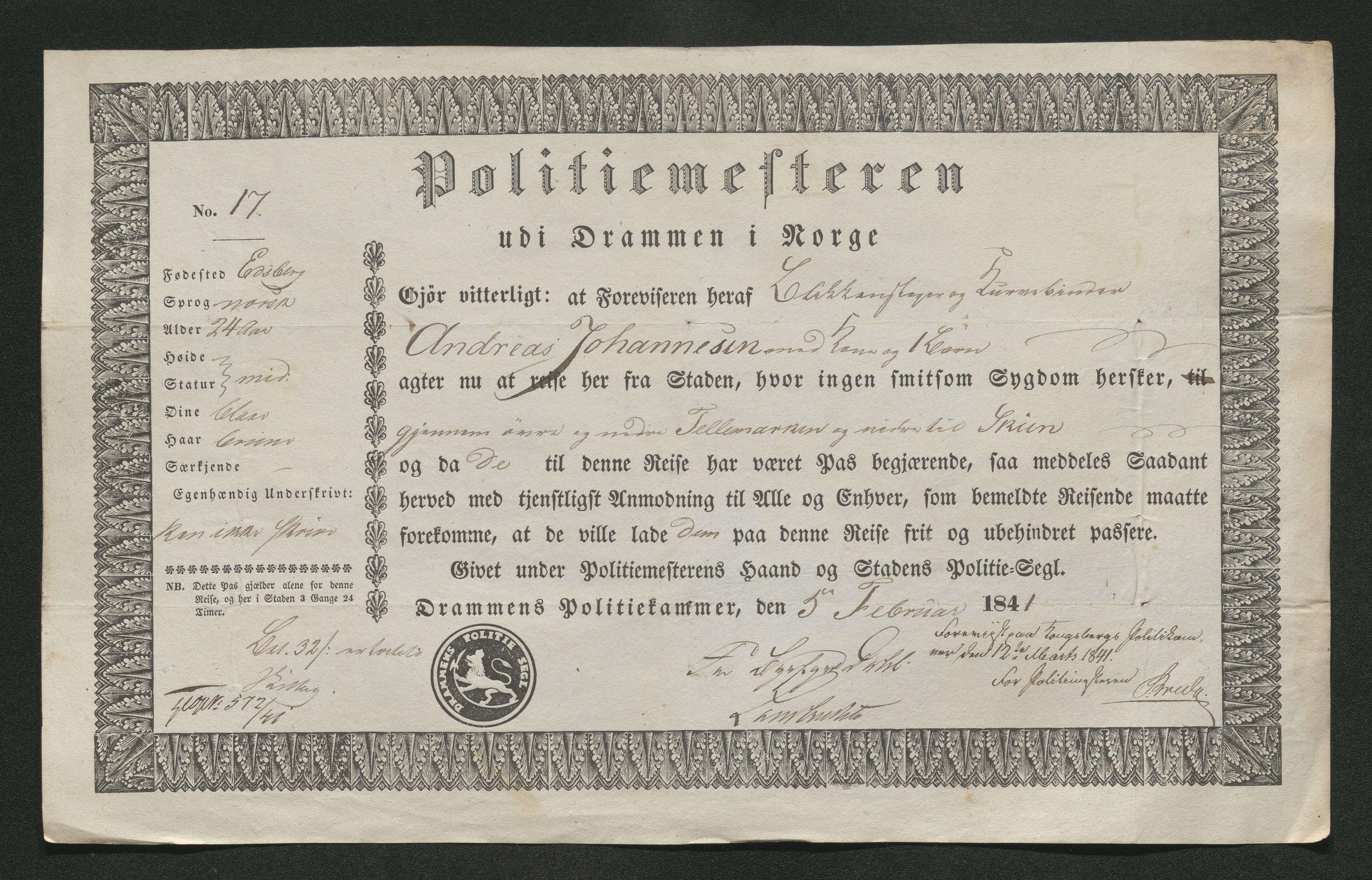 Drammen politikammer, AV/SAKO-A-623/I/Ia/Iab/L0006: Innleverte pass, 1841-1842, s. 194