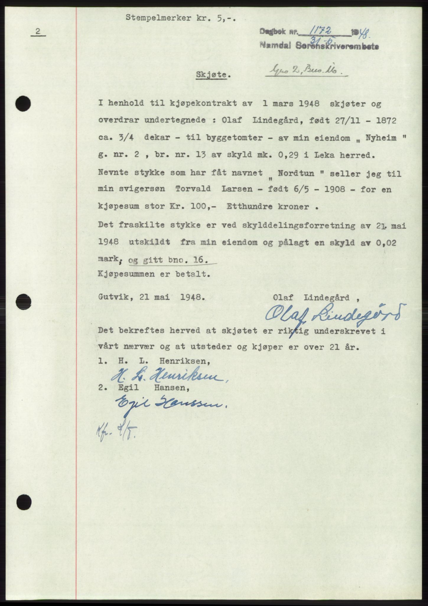Namdal sorenskriveri, SAT/A-4133/1/2/2C: Pantebok nr. -, 1947-1948, Dagboknr: 1172/1948