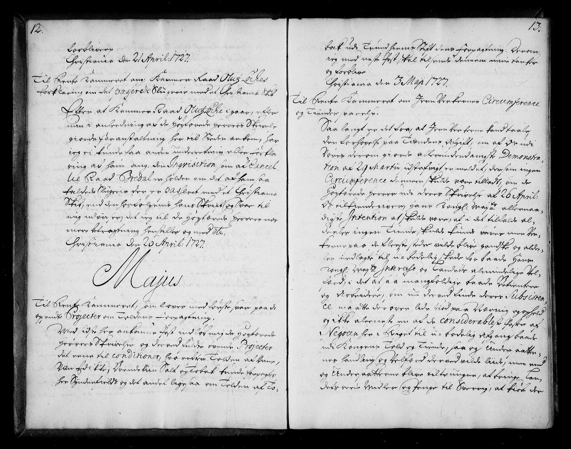 Stattholderembetet 1572-1771, AV/RA-EA-2870/Be/L0009: Allmenn kopibok, ikke autorisert, 1727-1729, s. 12-13