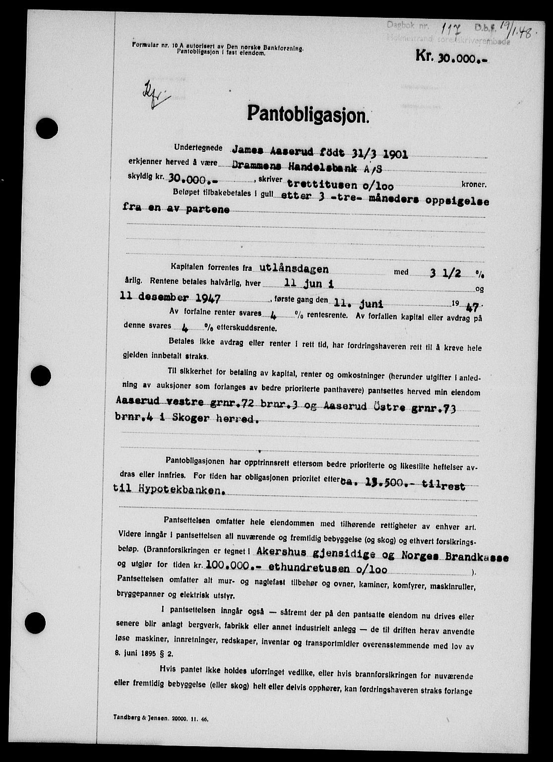 Holmestrand sorenskriveri, SAKO/A-67/G/Ga/Gab/L0058: Pantebok nr. B-58, 1947-1948, Dagboknr: 117/1948