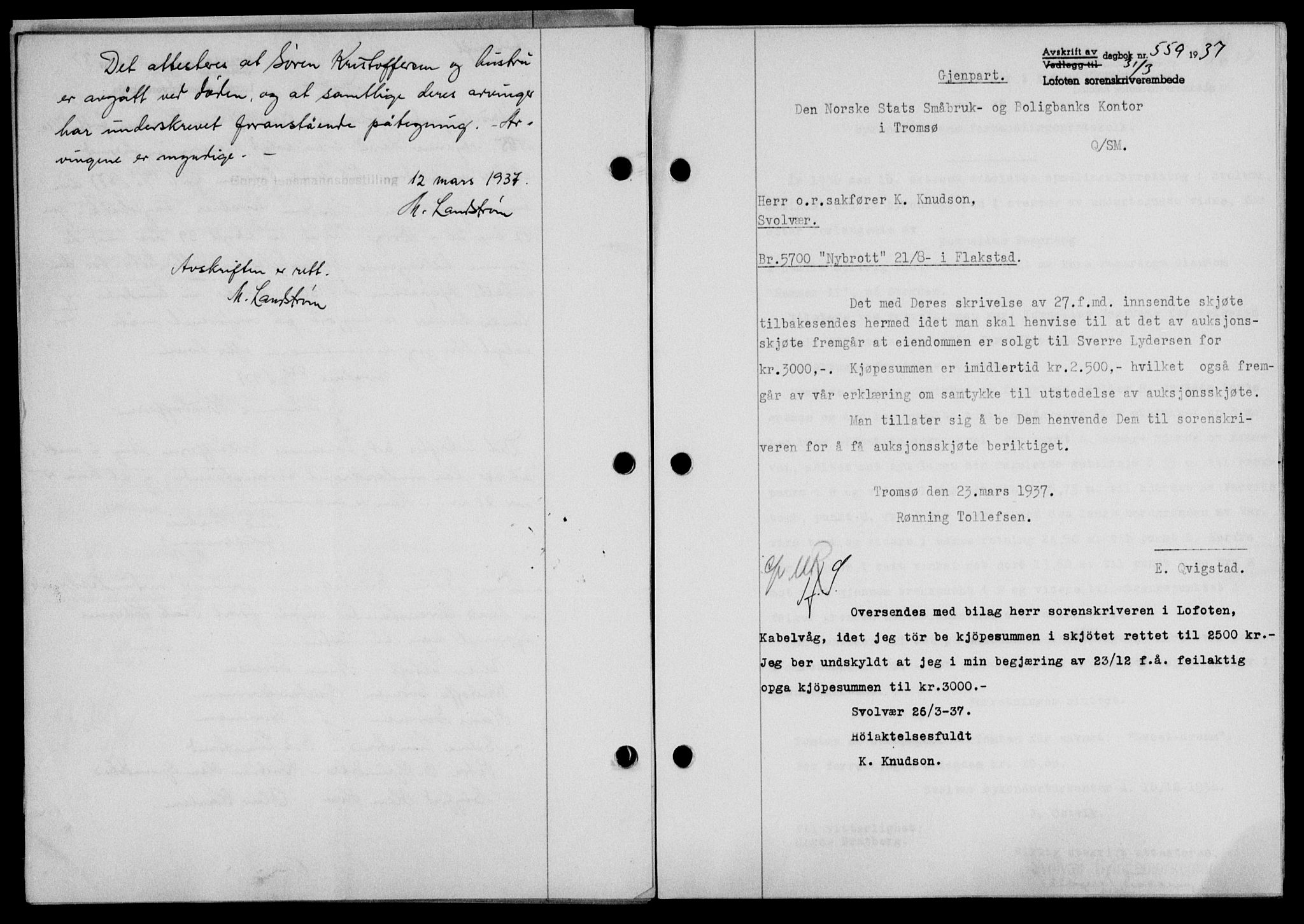 Lofoten sorenskriveri, SAT/A-0017/1/2/2C/L0002a: Pantebok nr. 2a, 1937-1937, Dagboknr: 559/1937