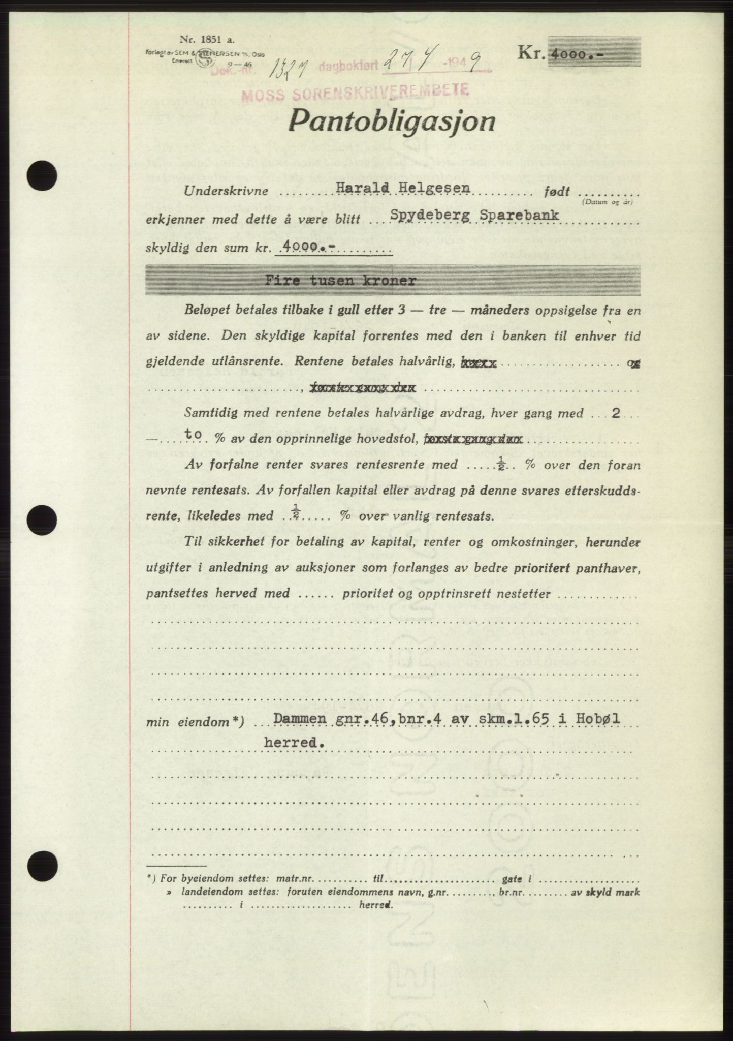 Moss sorenskriveri, SAO/A-10168: Pantebok nr. B21, 1949-1949, Dagboknr: 1327/1949