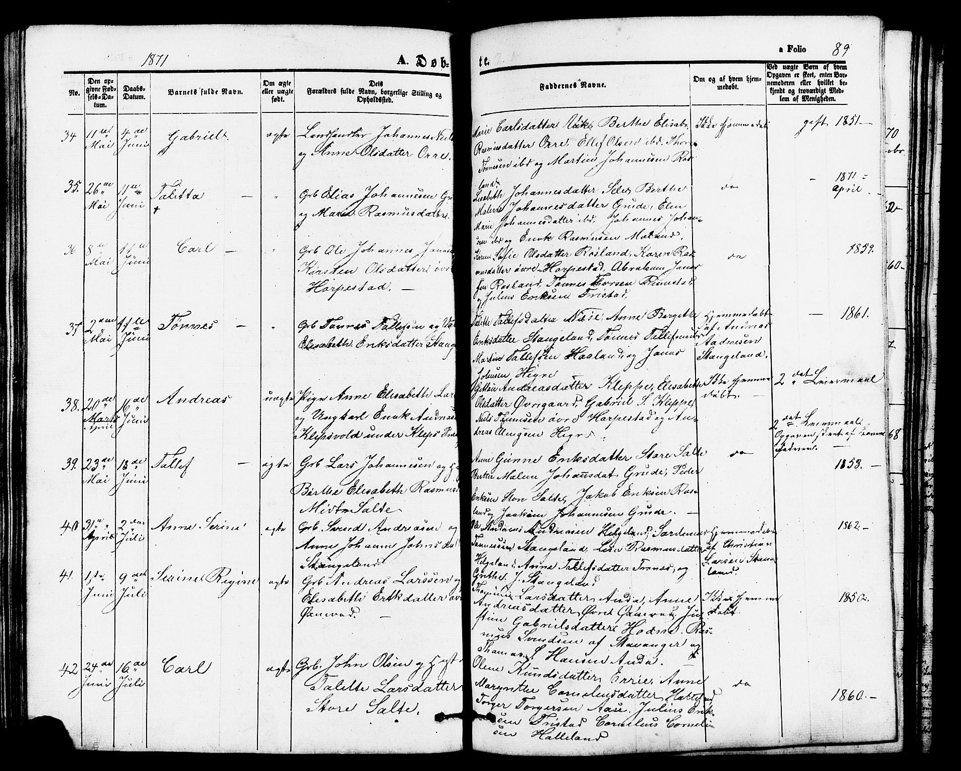 Klepp sokneprestkontor, AV/SAST-A-101803/001/3/30BB/L0002: Klokkerbok nr. B 2, 1860-1875, s. 89