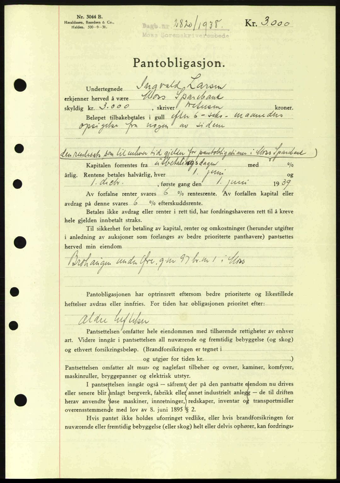 Moss sorenskriveri, SAO/A-10168: Pantebok nr. B6, 1938-1938, Dagboknr: 2820/1938