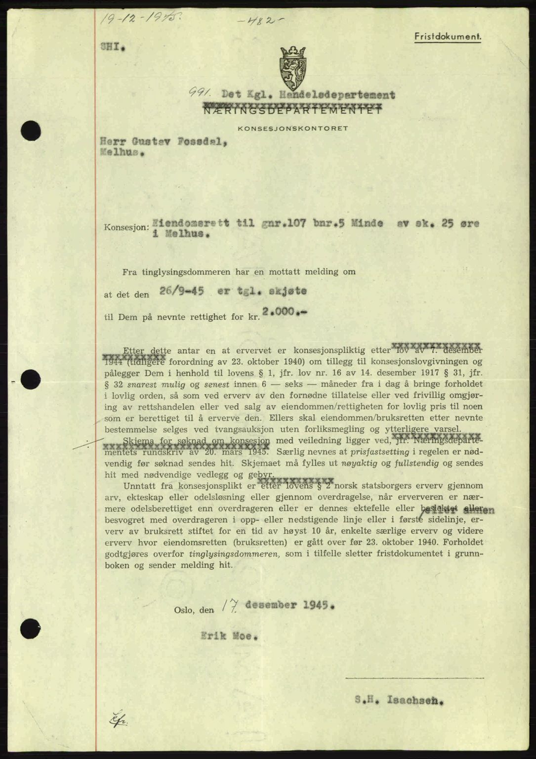 Gauldal sorenskriveri, SAT/A-0014/1/2/2C: Pantebok nr. A1a, 1945-1945, Dagboknr: 991/1945