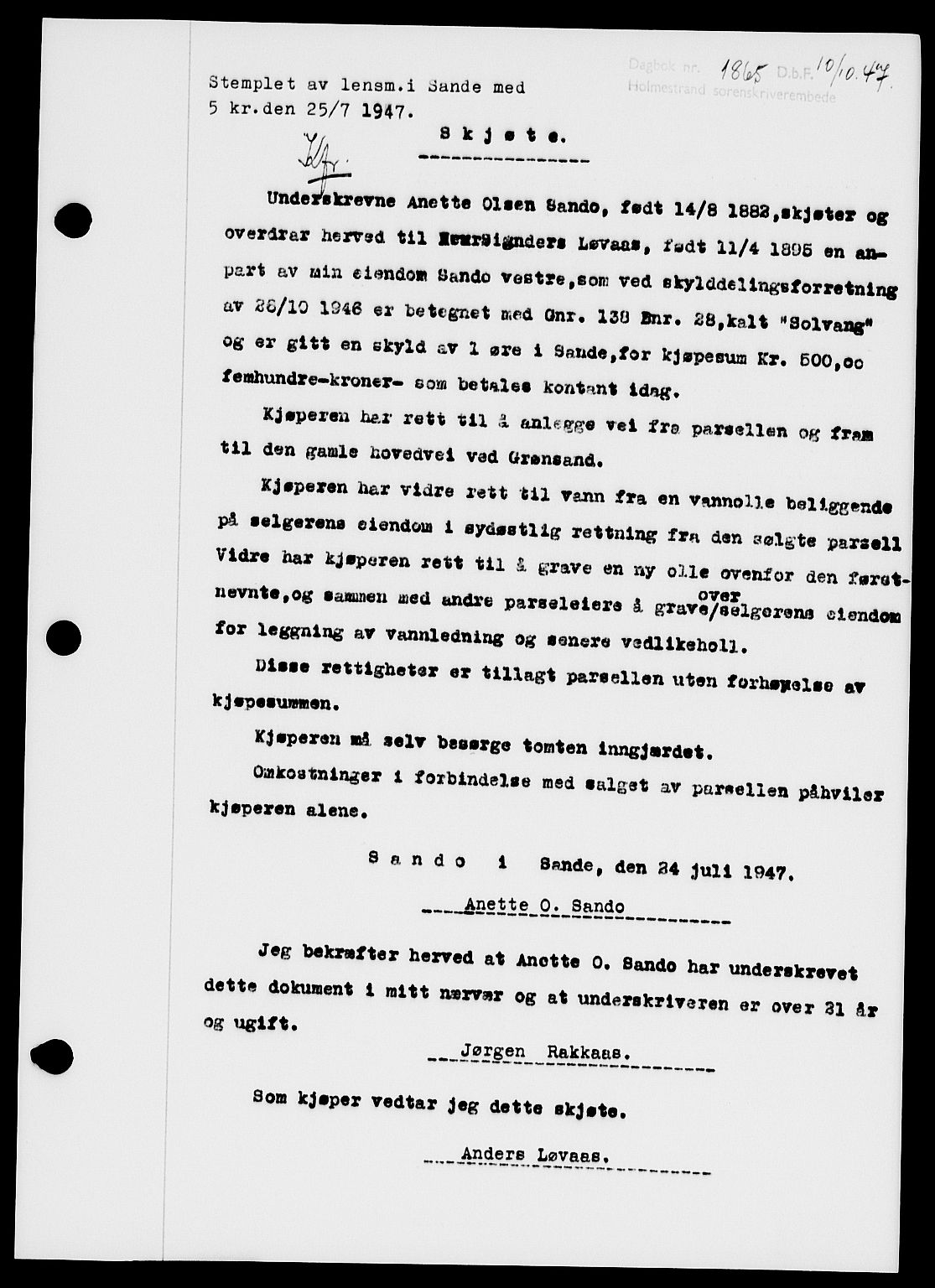 Holmestrand sorenskriveri, SAKO/A-67/G/Ga/Gaa/L0062: Pantebok nr. A-62, 1947-1947, Dagboknr: 1865/1947