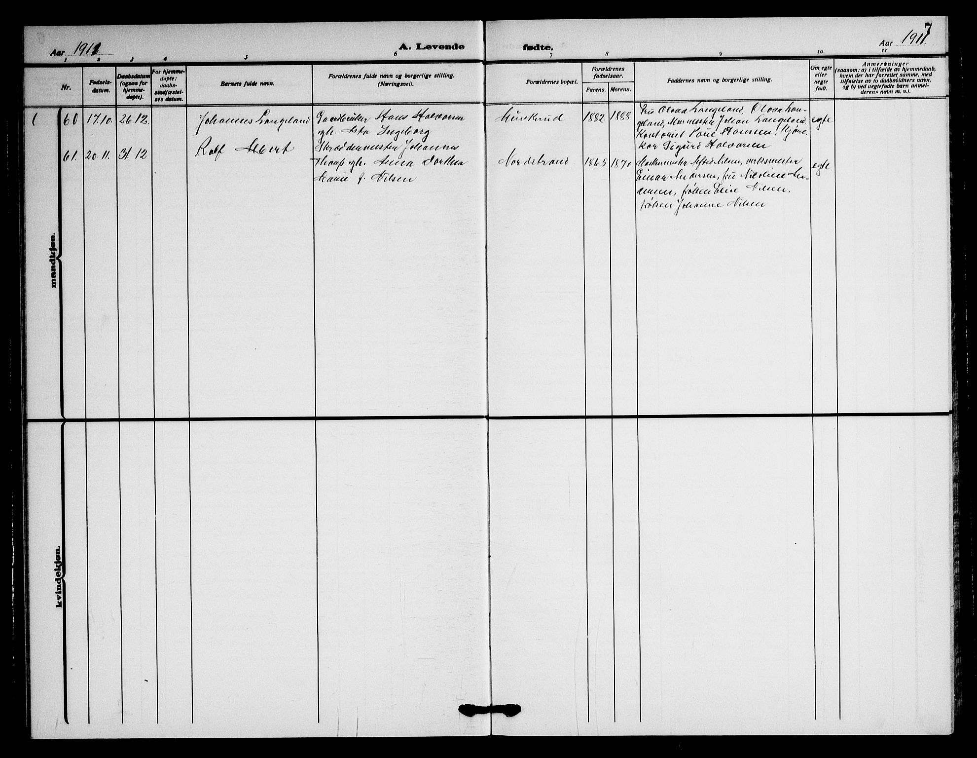 Nordstrand prestekontor Kirkebøker, AV/SAO-A-10362a/G/Ga/L0001: Klokkerbok nr. I 1, 1911-1918, s. 7