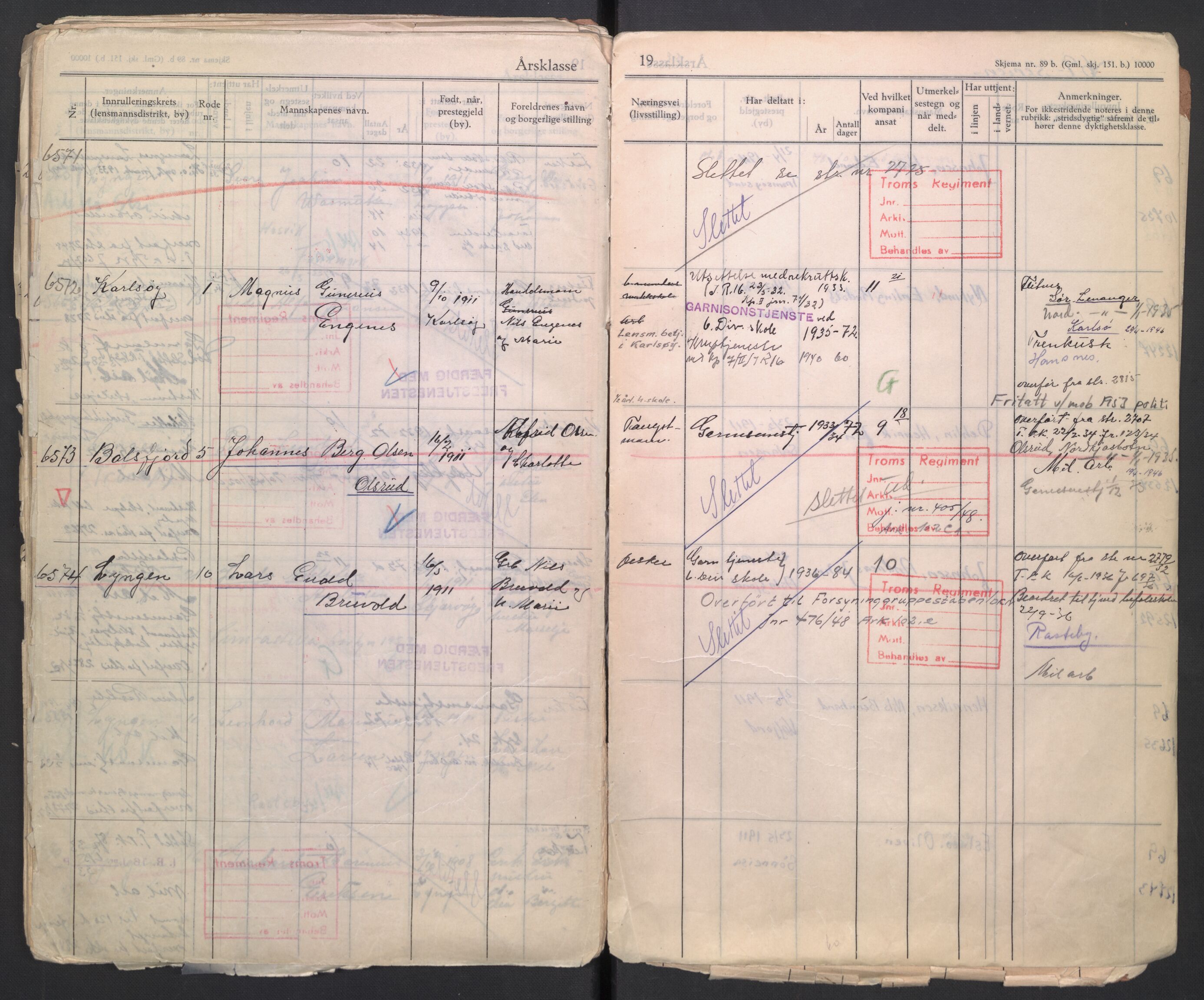 Forsvaret, Troms infanteriregiment nr. 16, AV/RA-RAFA-3146/P/Pa/L0006/0003: Ruller / Rulle for Lyngen bataljons menige mannskaper, årsklasse 1932, 1932