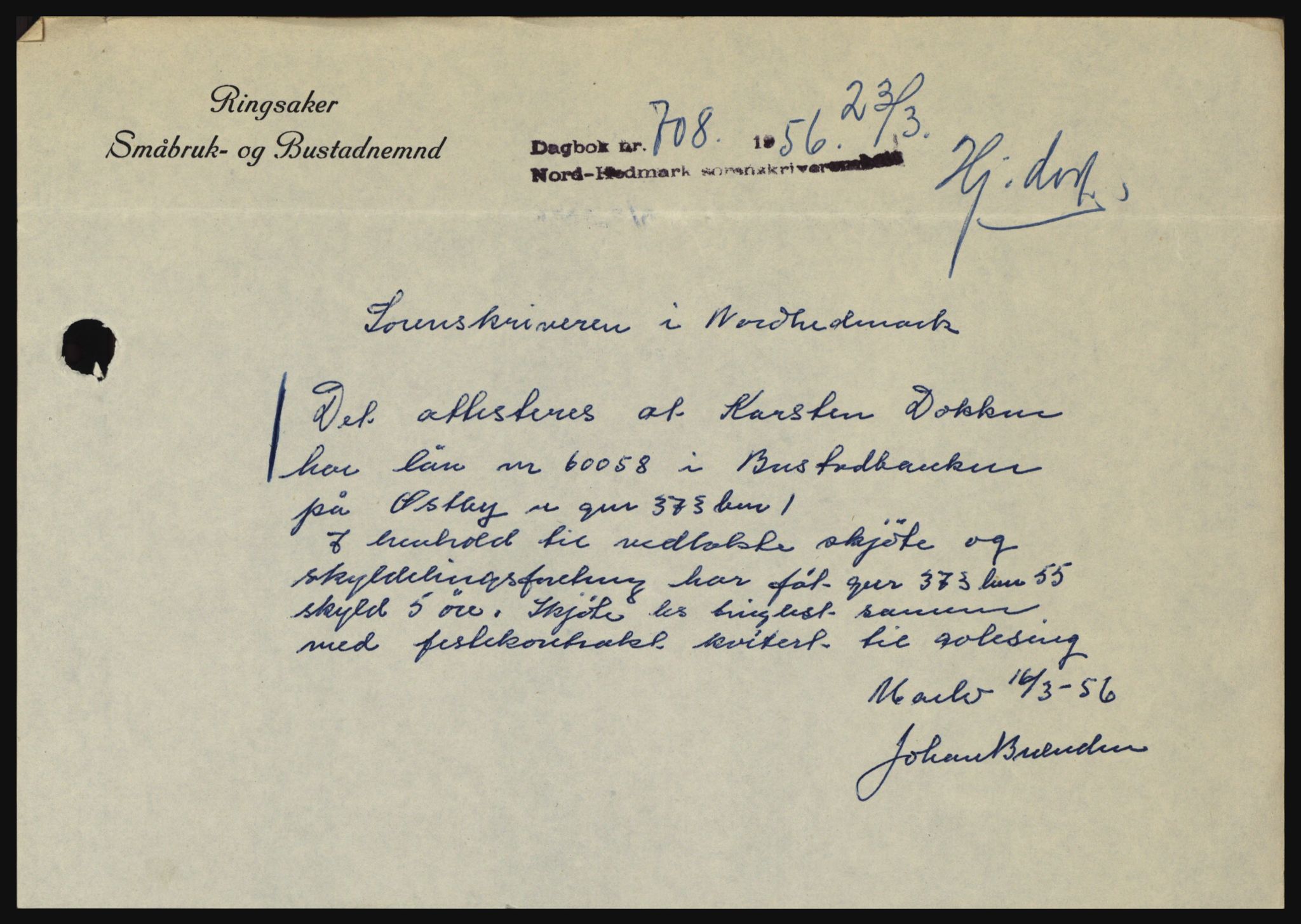 Nord-Hedmark sorenskriveri, SAH/TING-012/H/Hc/L0010: Pantebok nr. 10, 1955-1956, Dagboknr: 708/1956