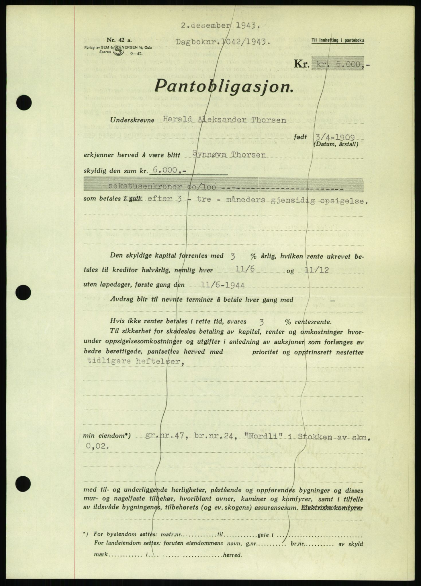 Nedenes sorenskriveri, SAK/1221-0006/G/Gb/Gbb/L0002: Pantebok nr. II, 1942-1945, Dagboknr: 1042/1943