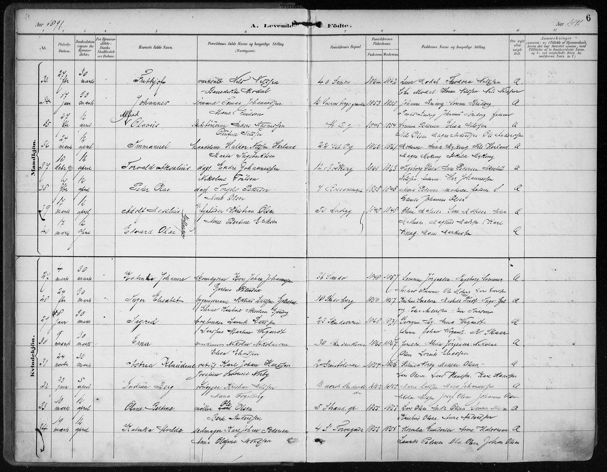 Sandviken Sokneprestembete, AV/SAB-A-77601/H/Ha/L0005: Ministerialbok nr. B 2, 1891-1901, s. 6