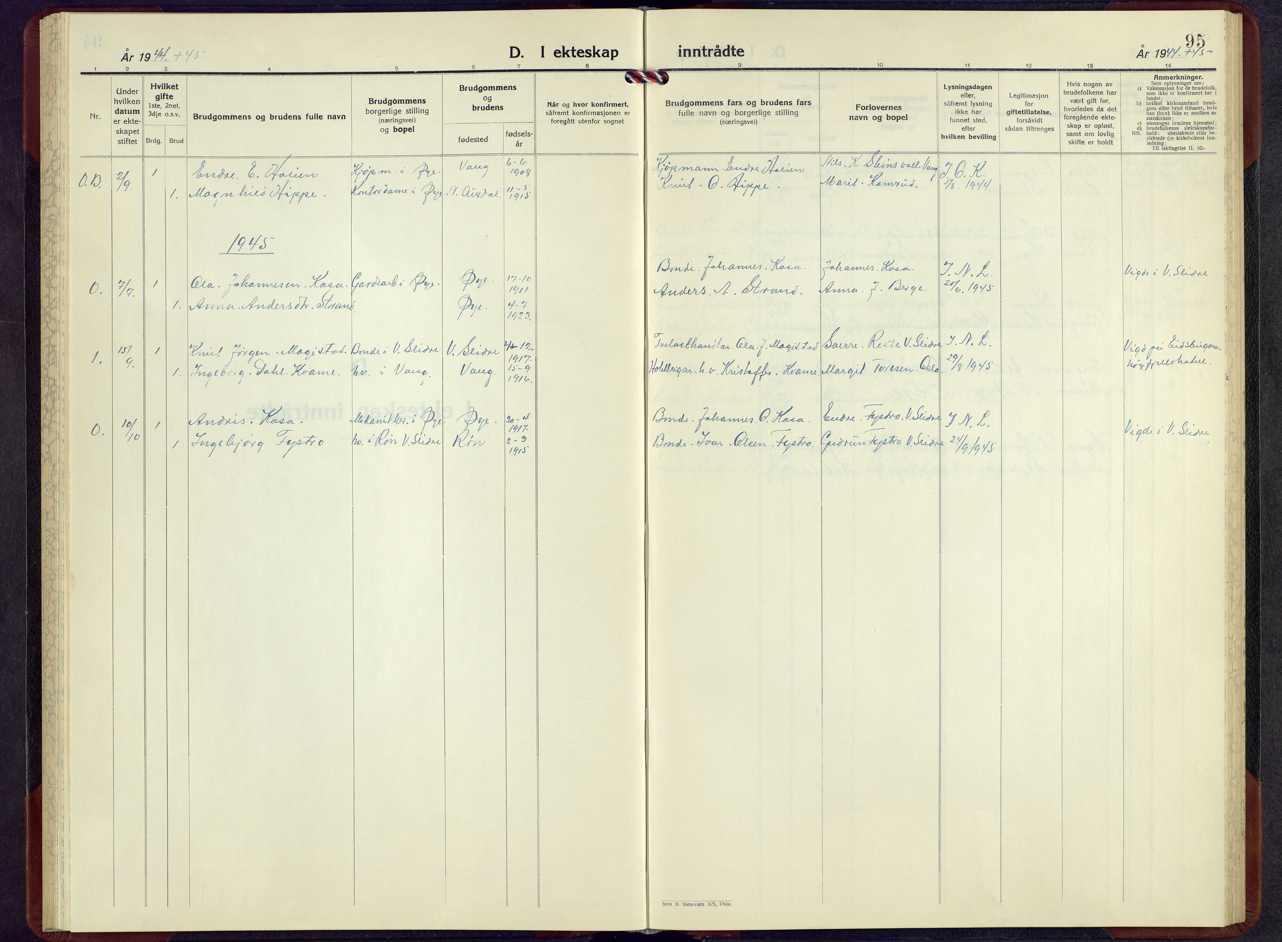 Vang prestekontor, Valdres, AV/SAH-PREST-140/H/Hb/L0010: Klokkerbok nr. 10, 1945-1966, s. 95