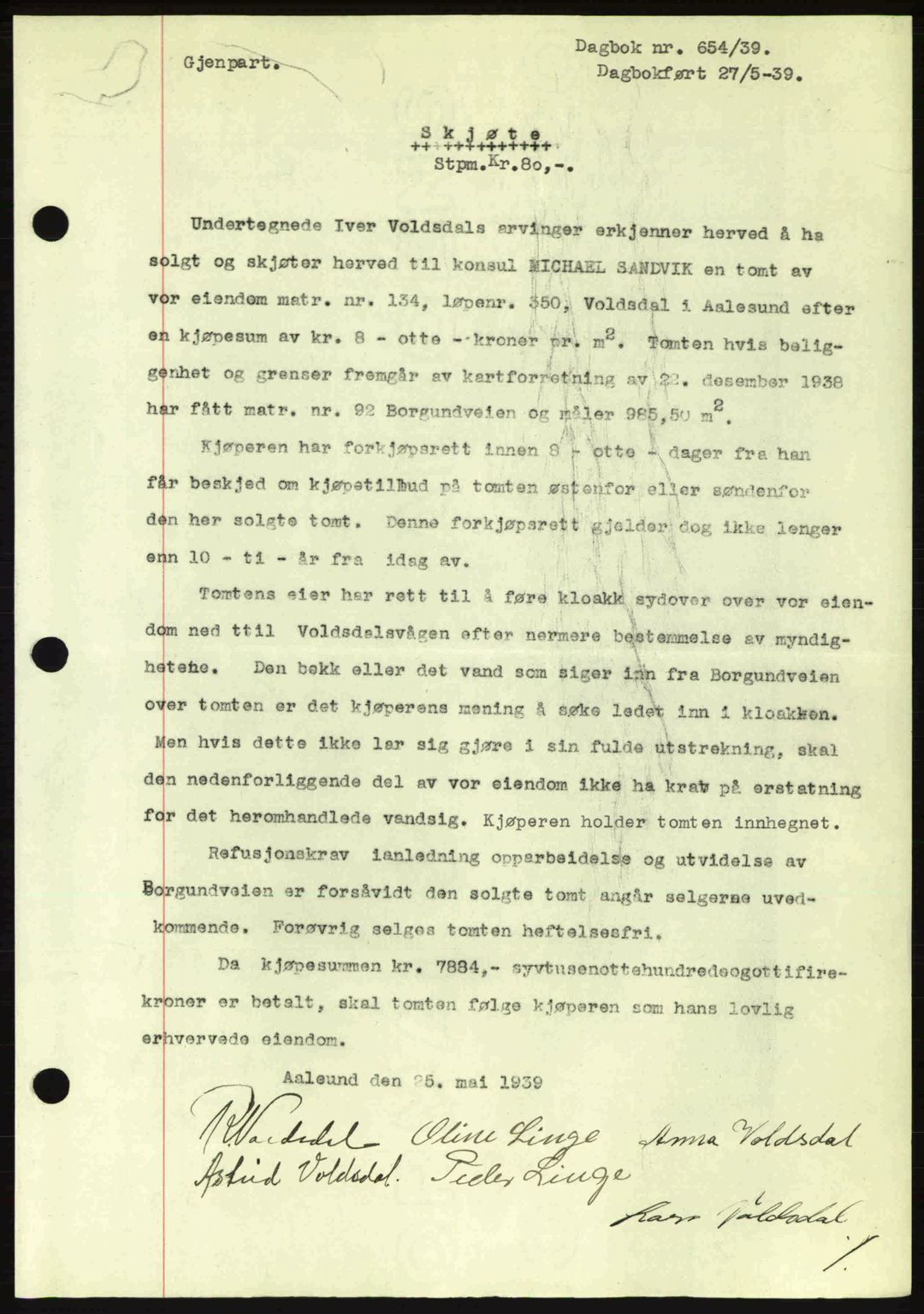 Ålesund byfogd, AV/SAT-A-4384: Pantebok nr. 34 II, 1938-1940, Dagboknr: 654/1939