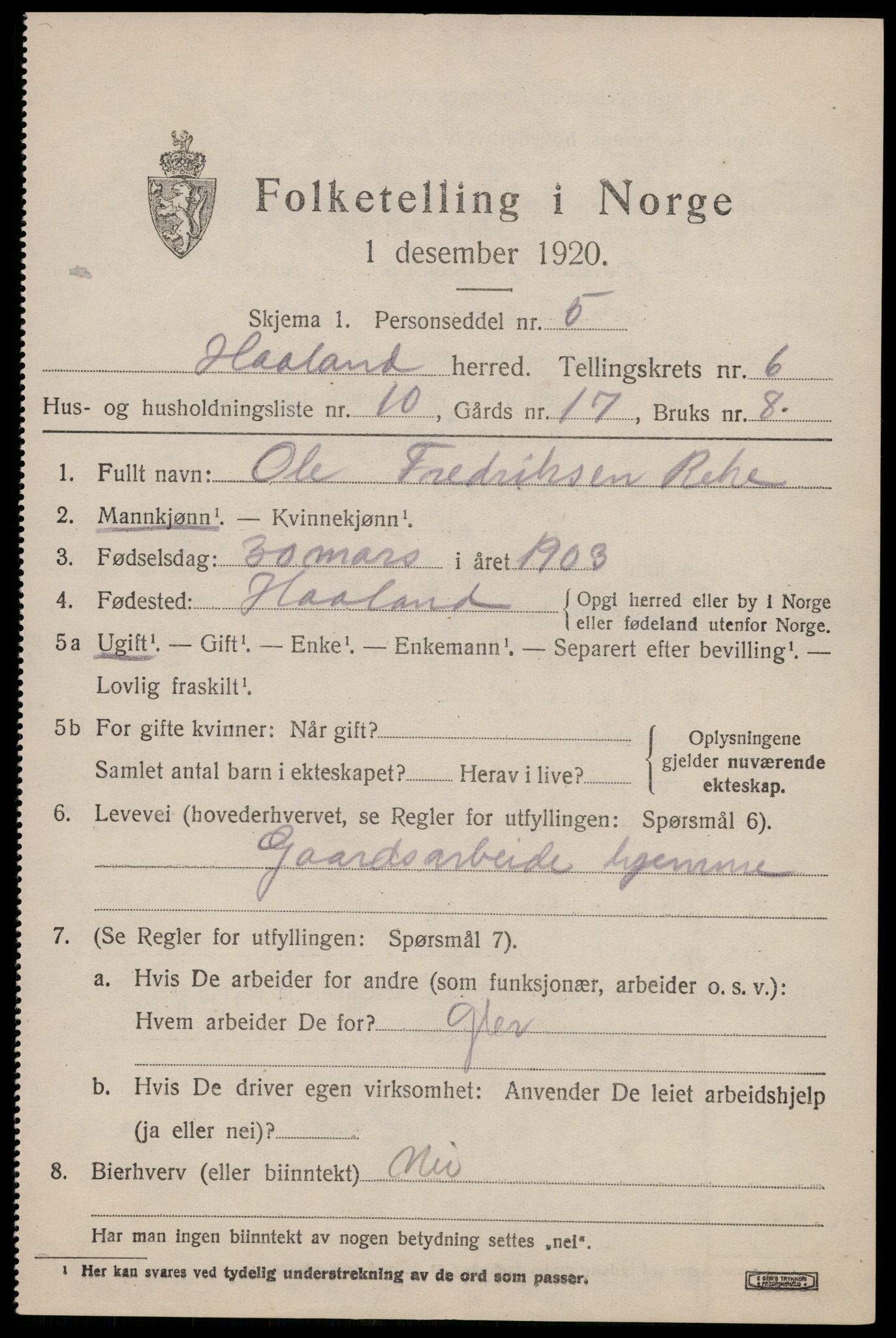 SAST, Folketelling 1920 for 1124 Håland herred, 1920, s. 5129