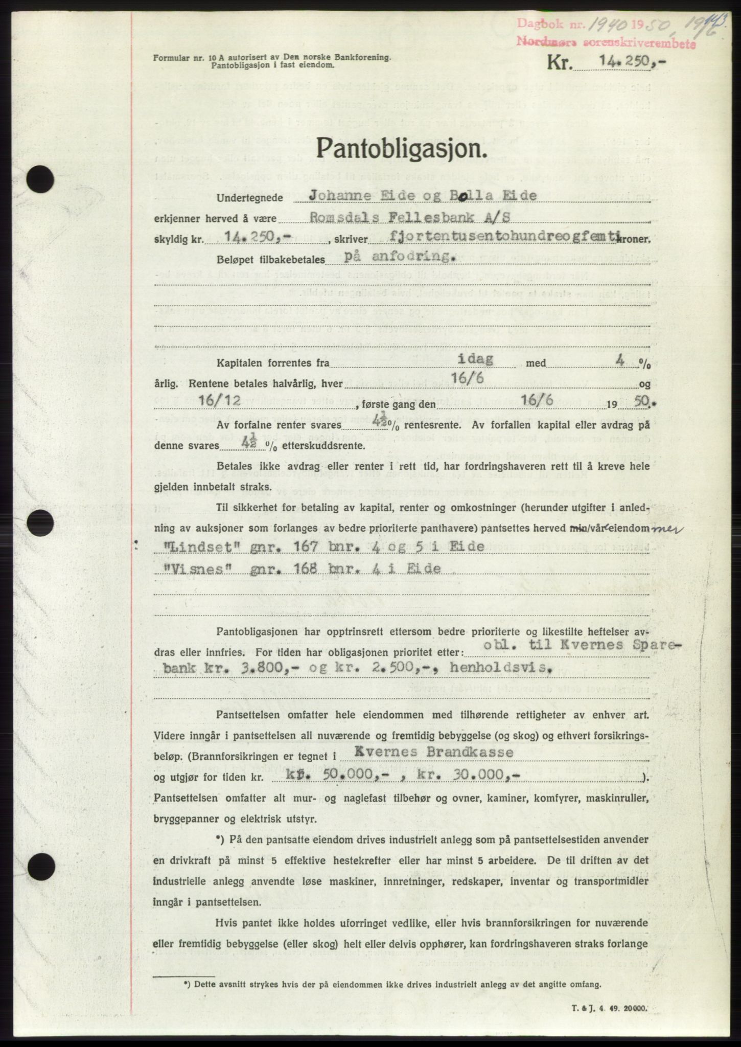 Nordmøre sorenskriveri, AV/SAT-A-4132/1/2/2Ca: Pantebok nr. B105, 1950-1950, Dagboknr: 1940/1950