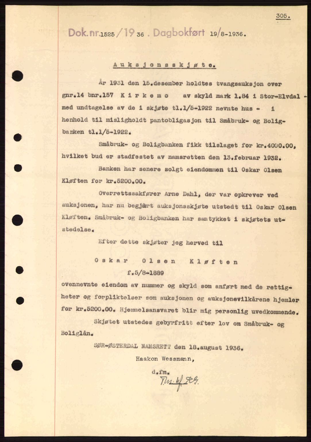 Sør-Østerdal sorenskriveri, SAH/TING-018/H/Hb/Hbb/L0054: Pantebok nr. A54, 1936-1936, Dagboknr: 1525/1936